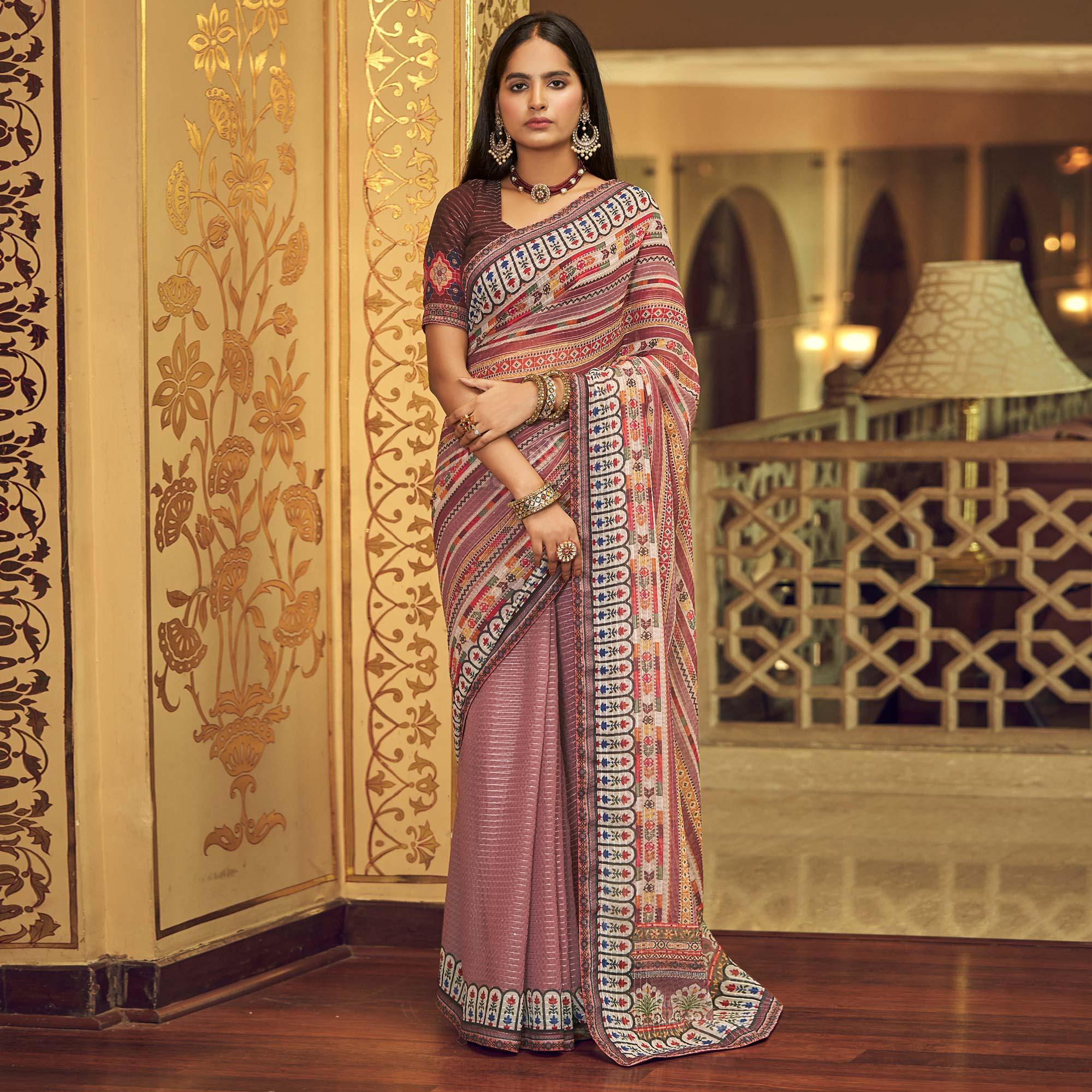 Mauve Printed With Embellished Georgette Half and Half Saree - Peachmode
