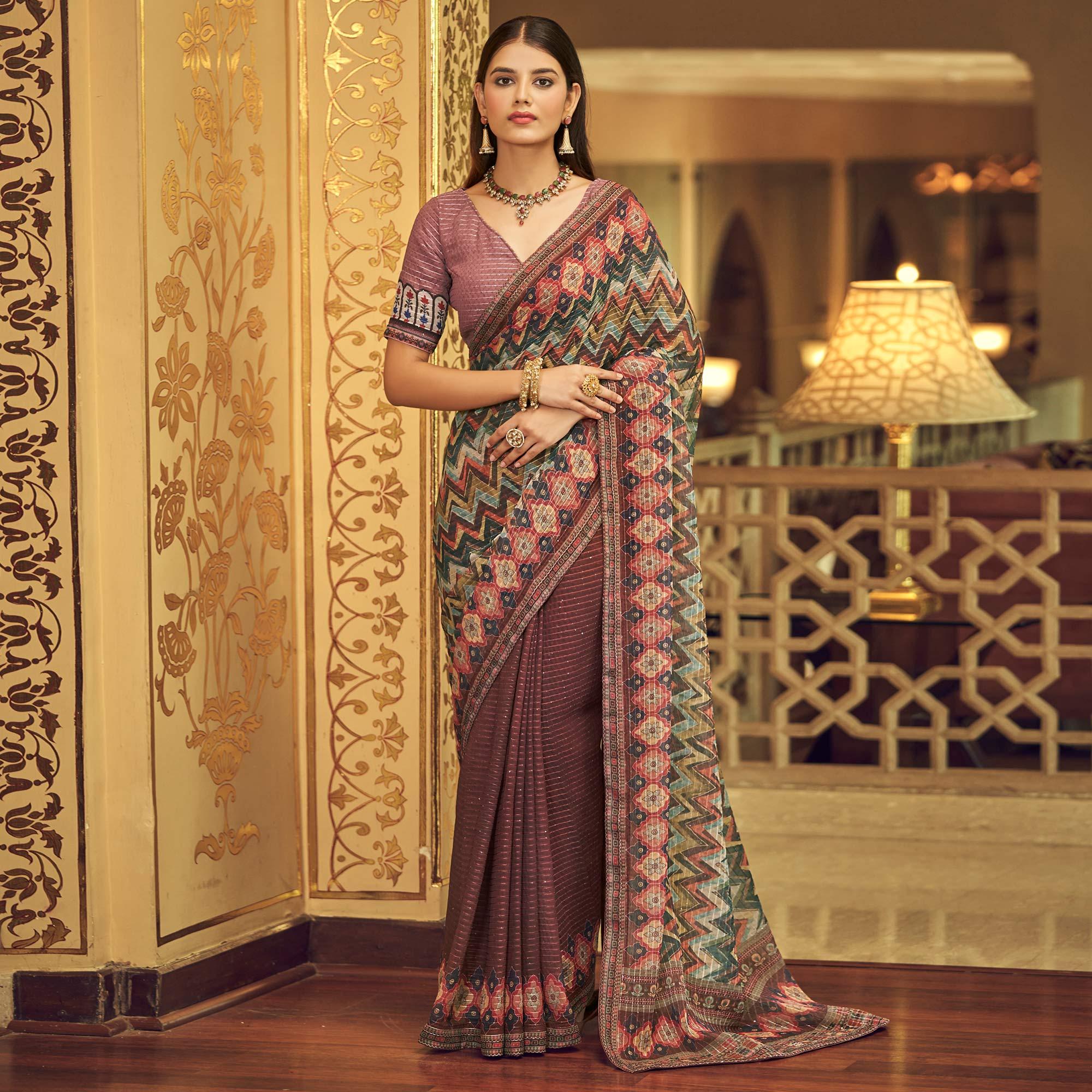 Mauve Printed With Embellished Georgette Half and Half Saree - Peachmode