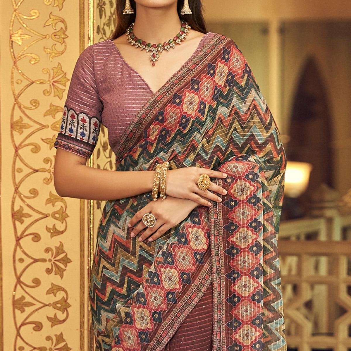 Mauve Printed With Embellished Georgette Half and Half Saree - Peachmode