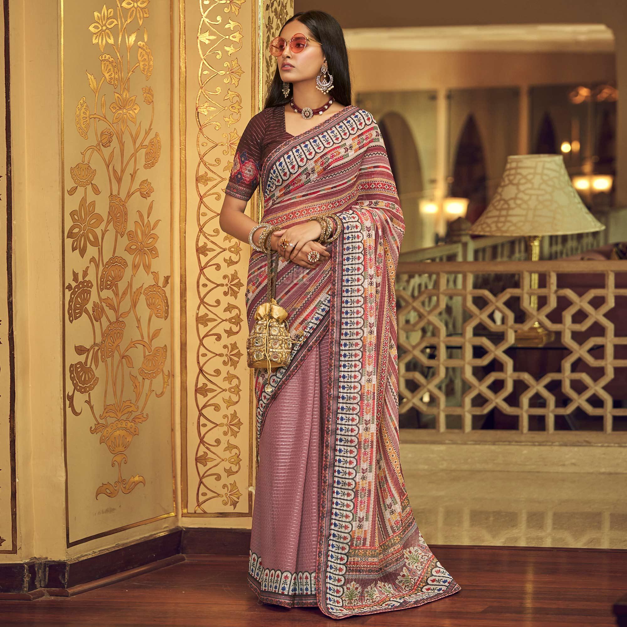 Mauve Printed With Embellished Georgette Half and Half Saree - Peachmode