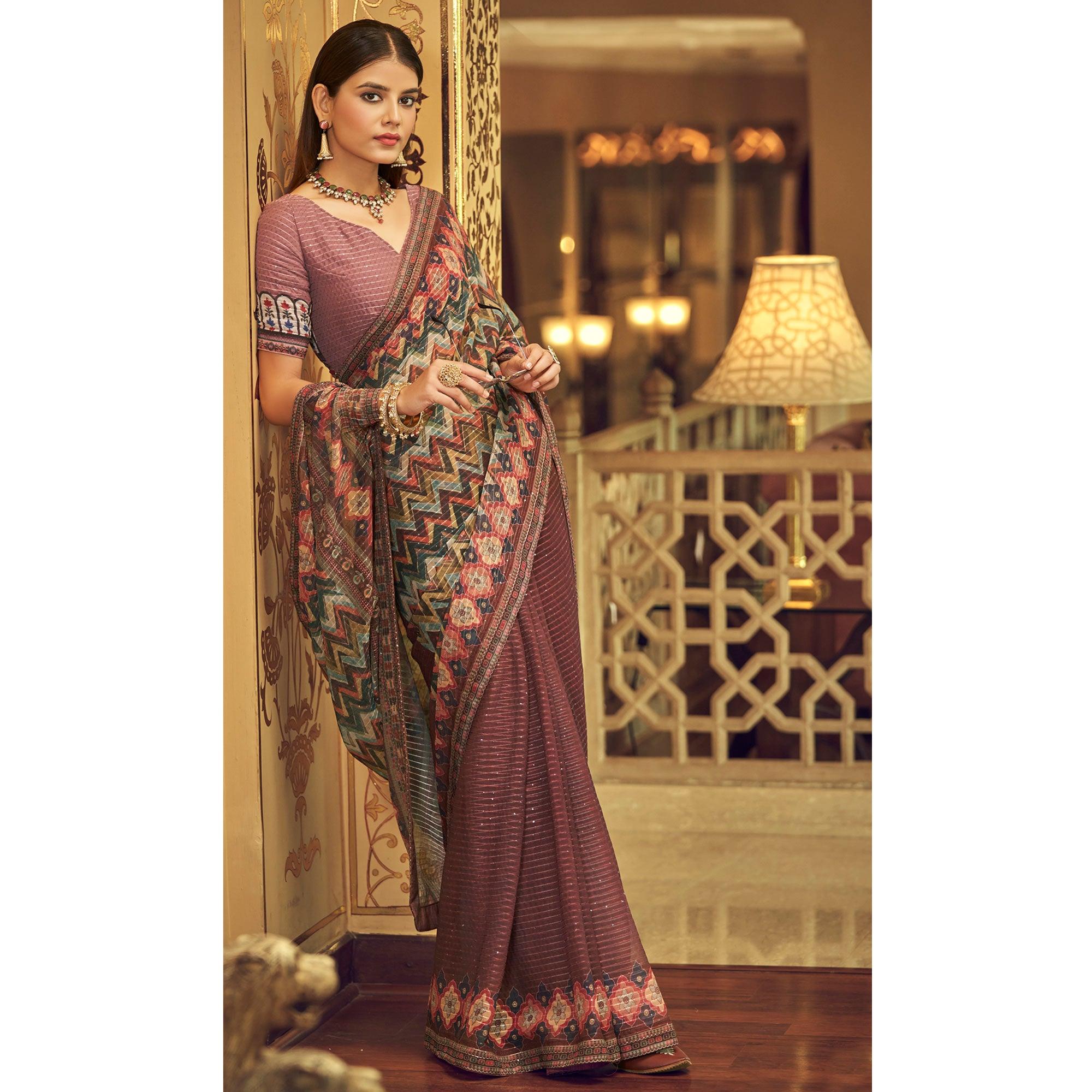 Mauve Printed With Embellished Georgette Half and Half Saree - Peachmode