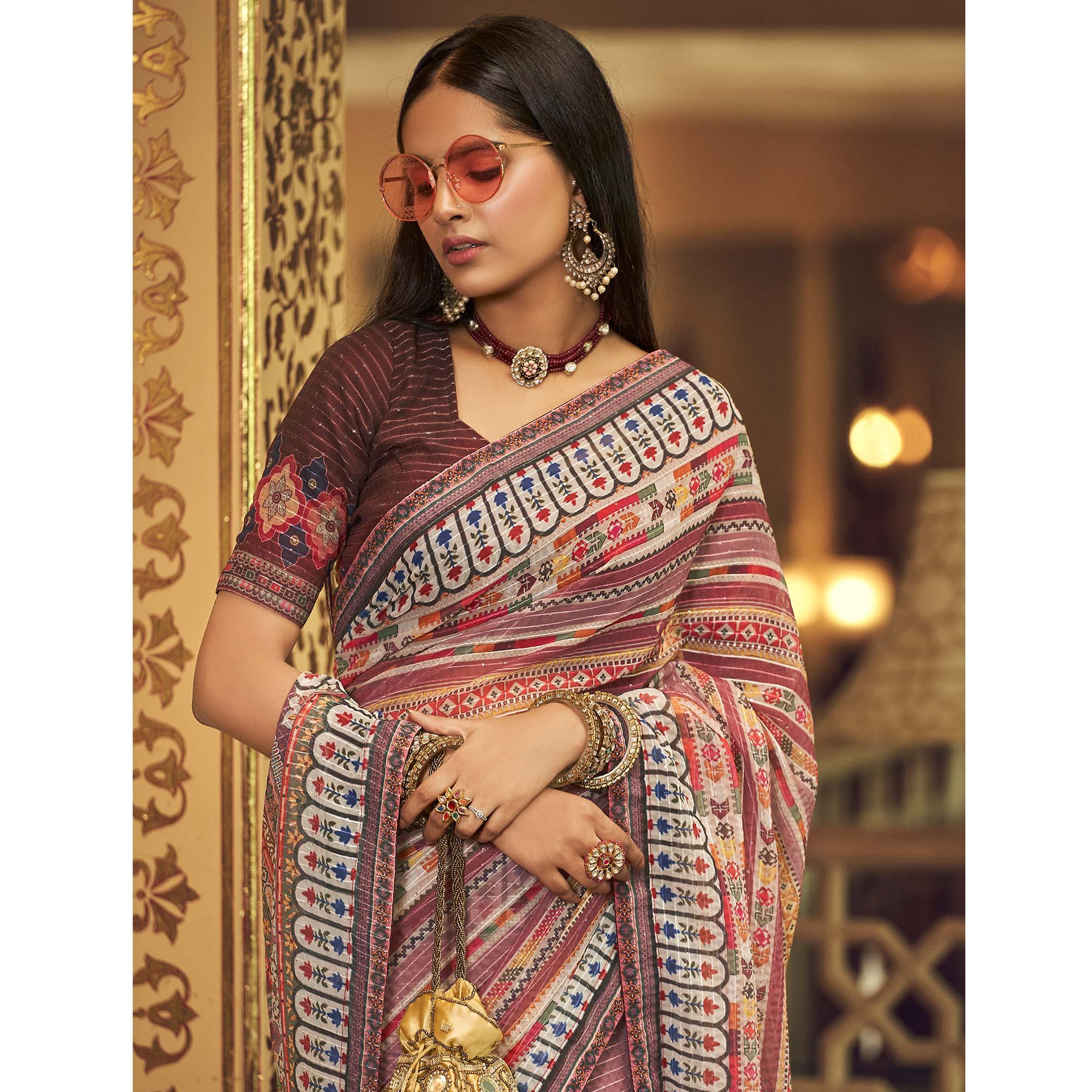 Mauve Printed With Embellished Georgette Half and Half Saree - Peachmode