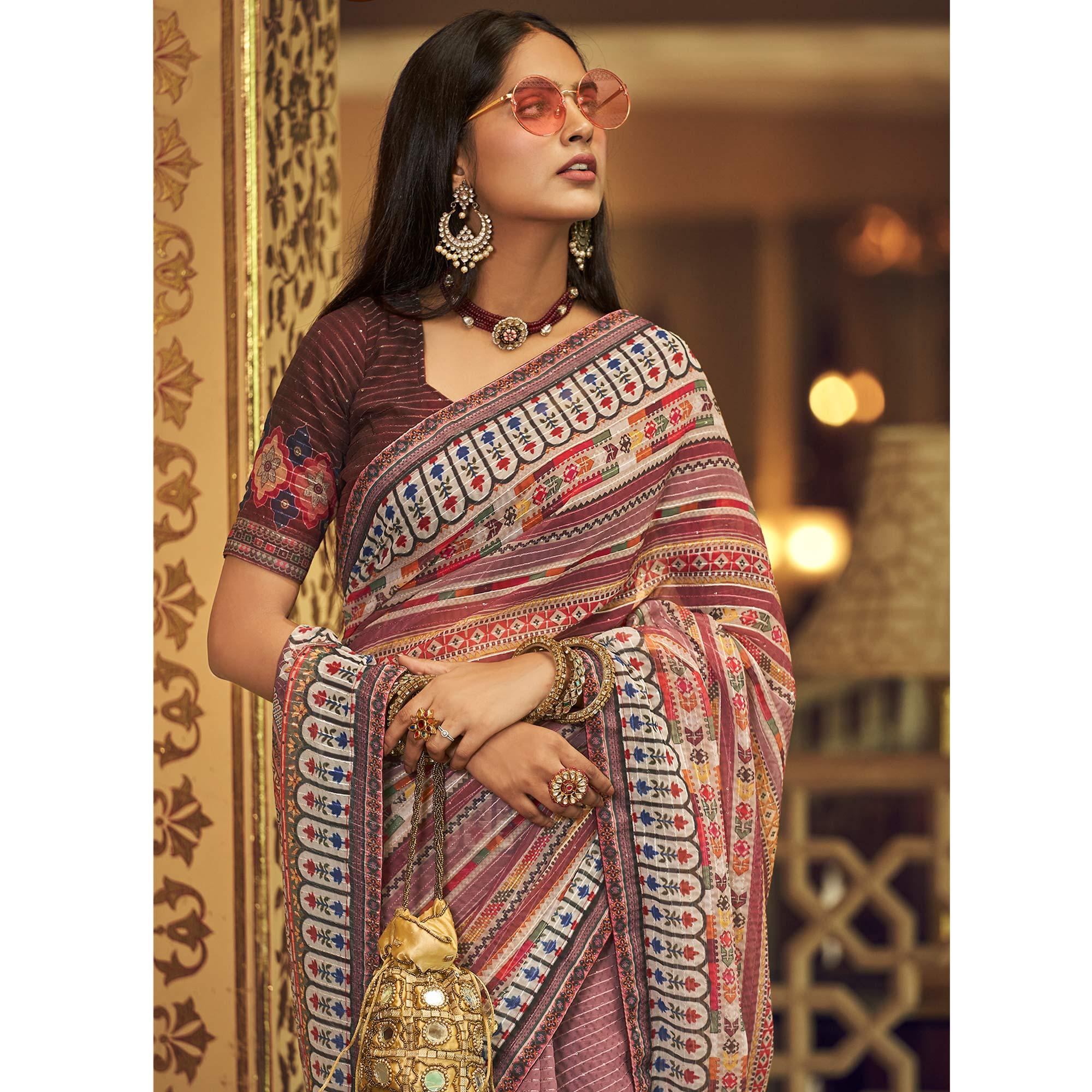Mauve Printed With Embellished Georgette Half and Half Saree - Peachmode