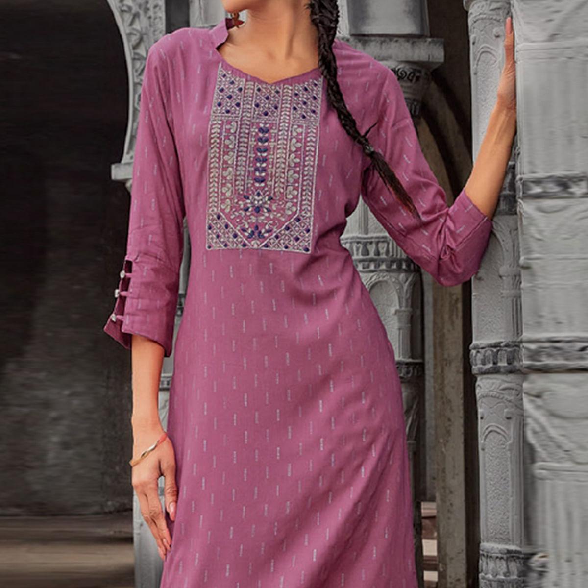 Mauve Printed With Embroidered Pure Cotton Kurti - Peachmode