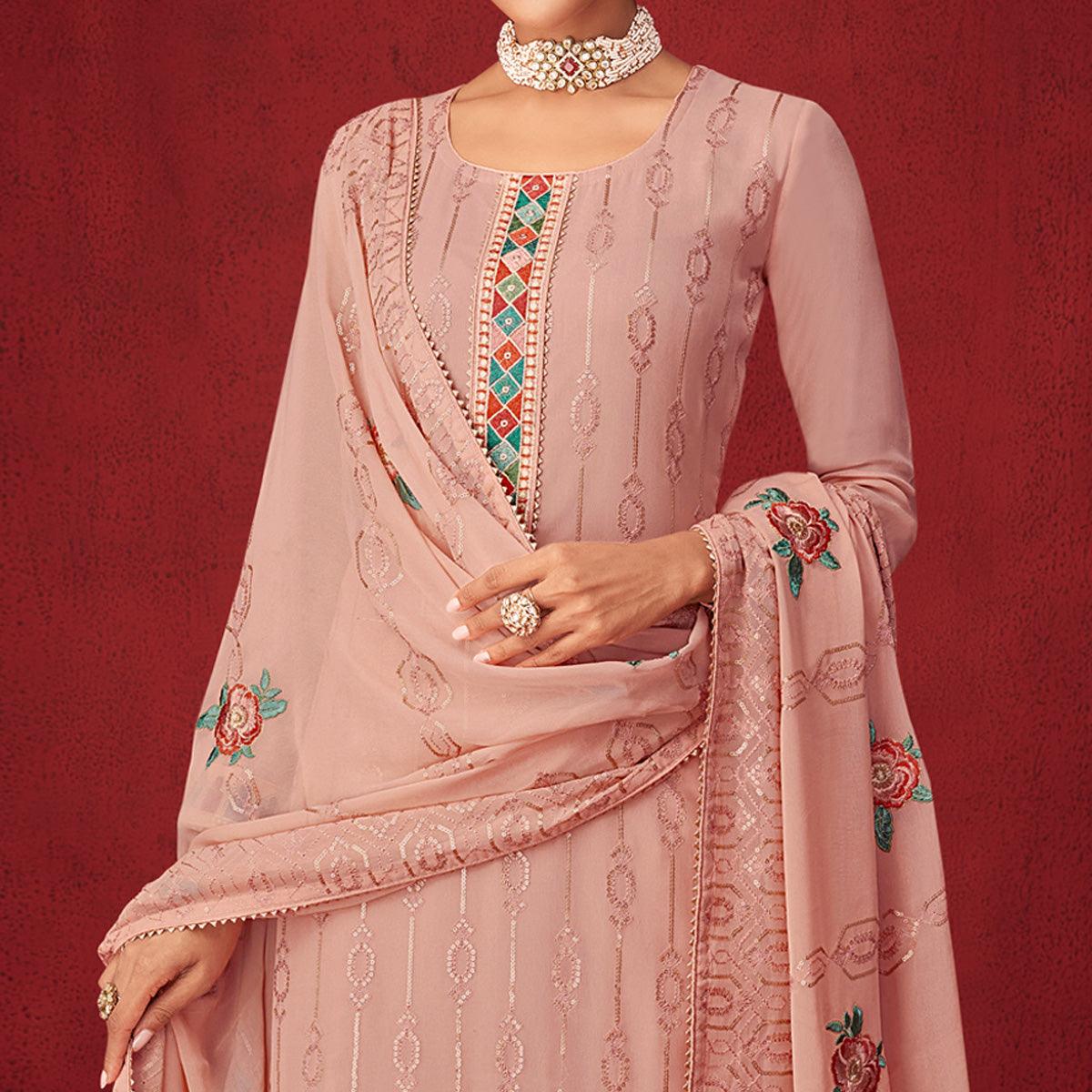 Mauve Sequence Embroidered Georgette Partywear Suit - Peachmode