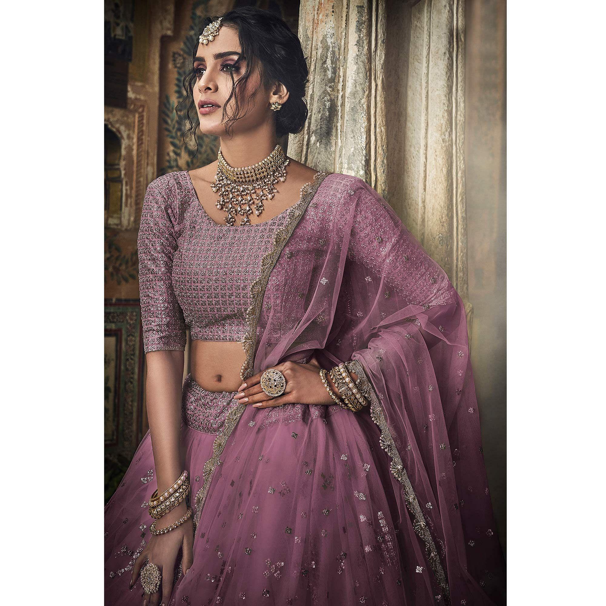 Mauve Sequence Embroidered Net Lehenga Choli - Peachmode