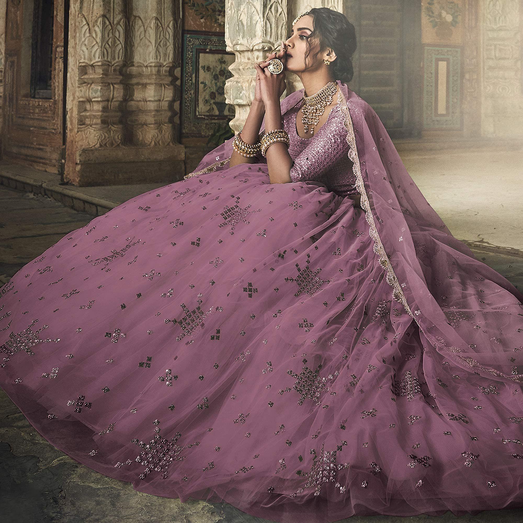 Mauve Sequence Embroidered Net Lehenga Choli - Peachmode