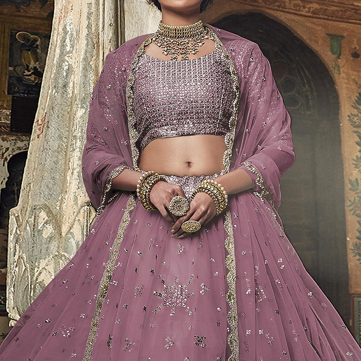 Mauve Sequence Embroidered Net Lehenga Choli - Peachmode