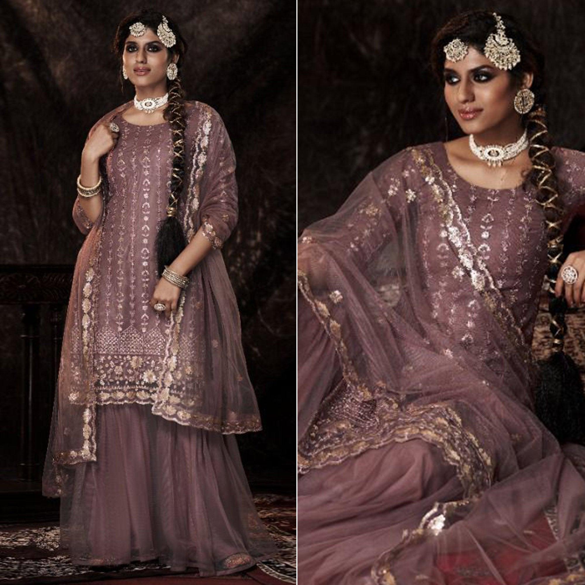 Mauve Sequence Embroidered Netted Palazzo Suit - Peachmode
