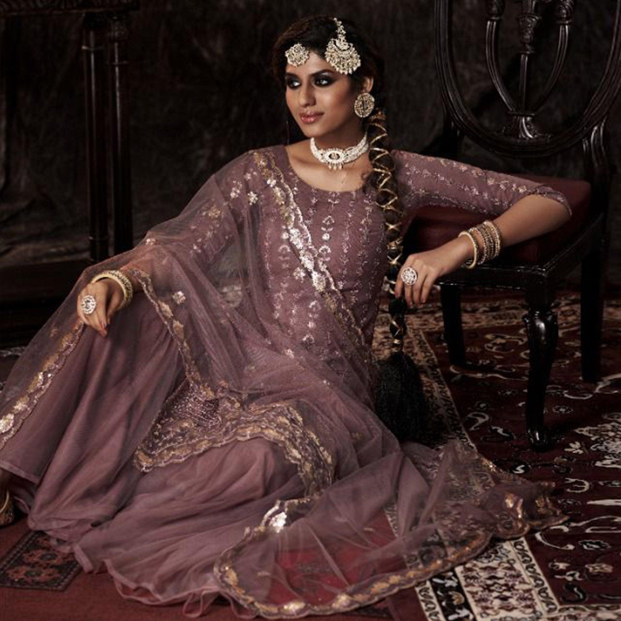 Mauve Sequence Embroidered Netted Palazzo Suit - Peachmode