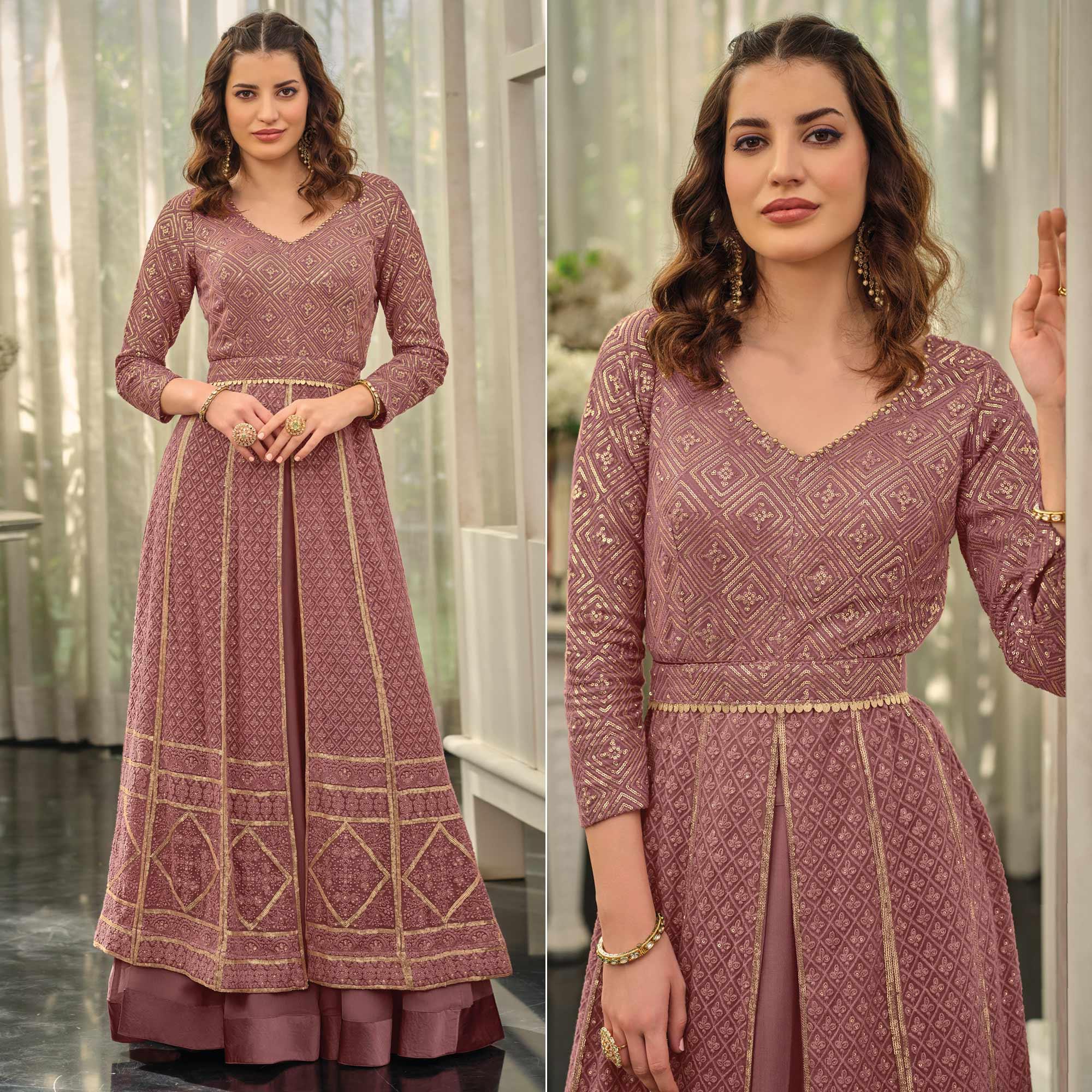 Mauve Sequins Embroidered Georgette Gown - Peachmode