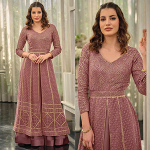 Mauve Sequins Embroidered Georgette Gown - Peachmode