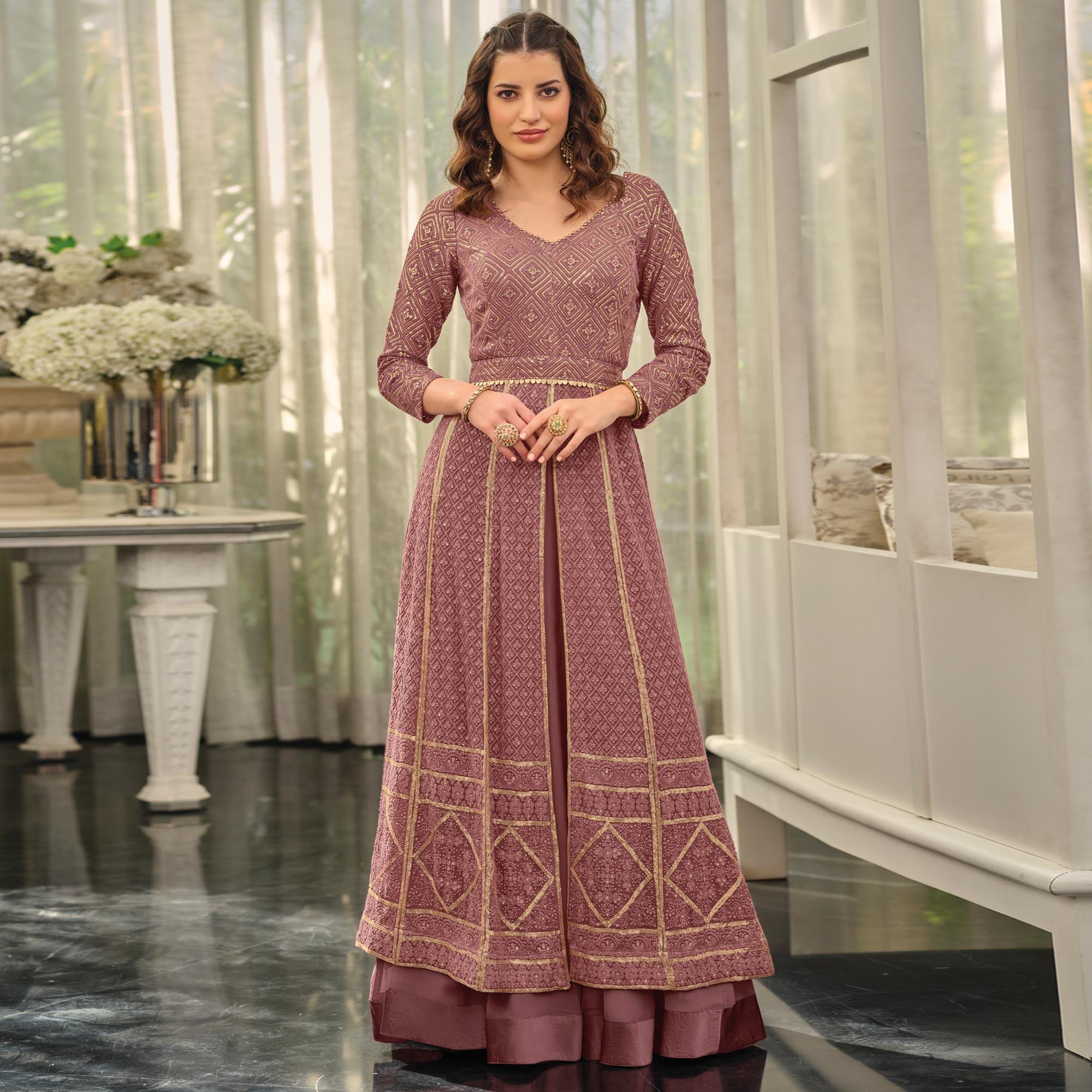 Mauve Sequins Embroidered Georgette Gown - Peachmode