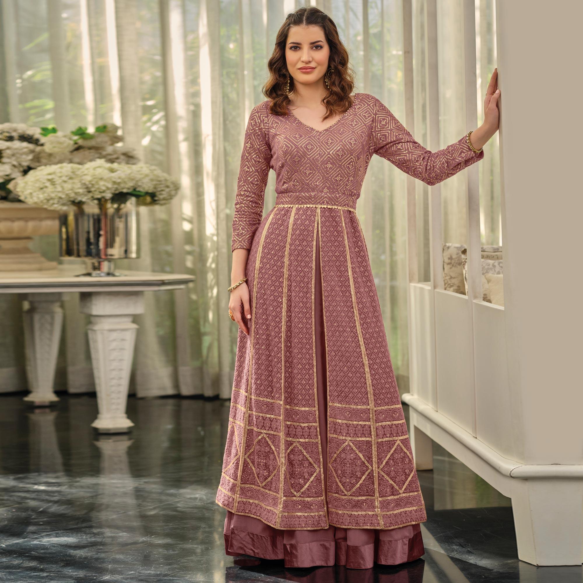 Mauve Sequins Embroidered Georgette Gown - Peachmode