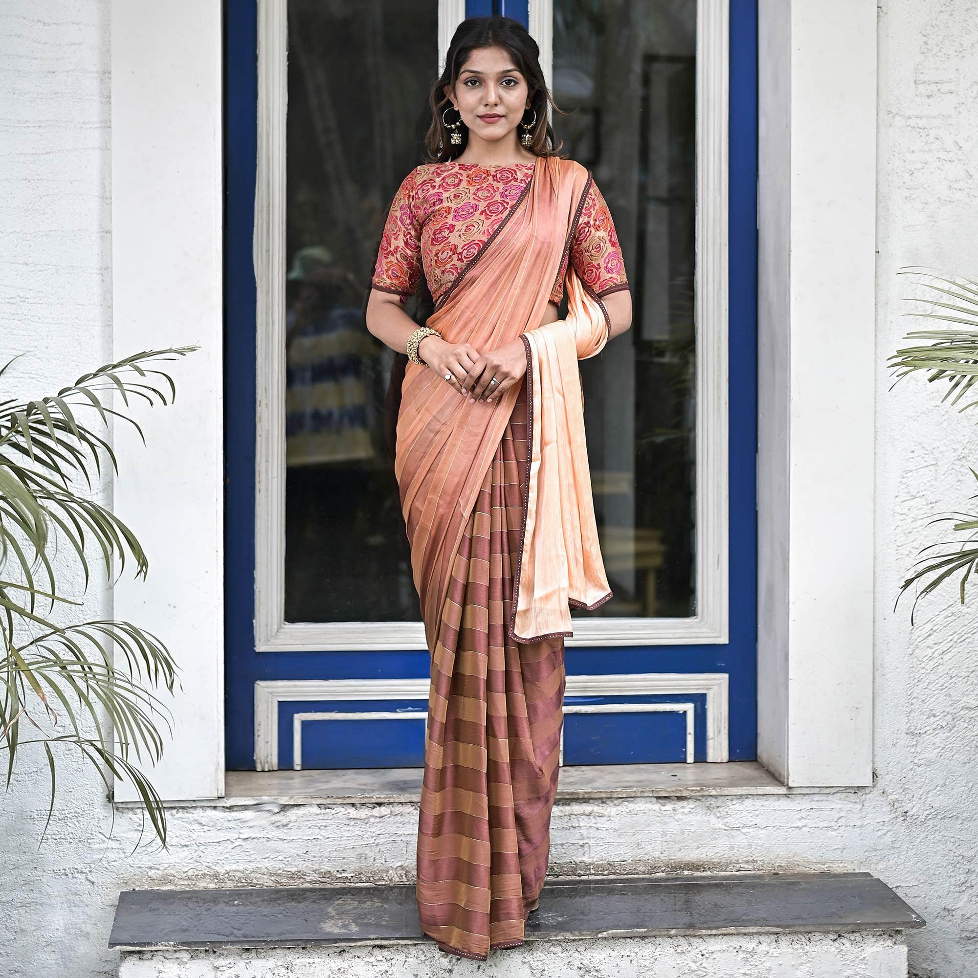 Mauve Stripe Printed Satin Half and Half Saree - Peachmode