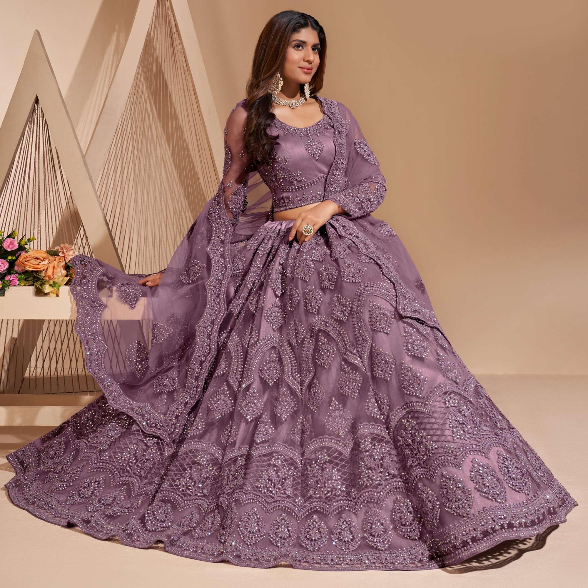 Mauve Wedding Wear Embroidered With Embellished Net Lehenga Choli - Peachmode