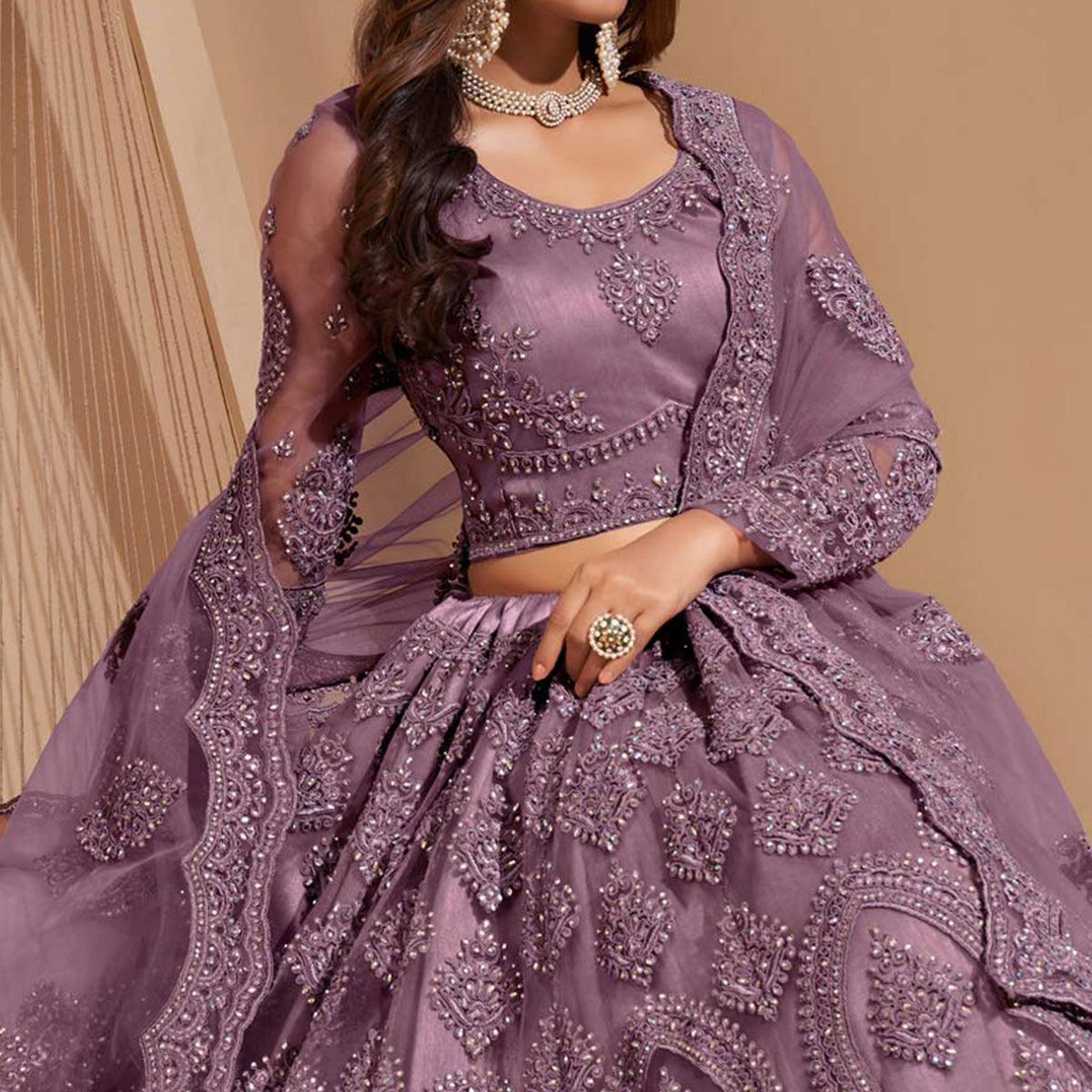 Mauve Wedding Wear Embroidered With Embellished Net Lehenga Choli - Peachmode