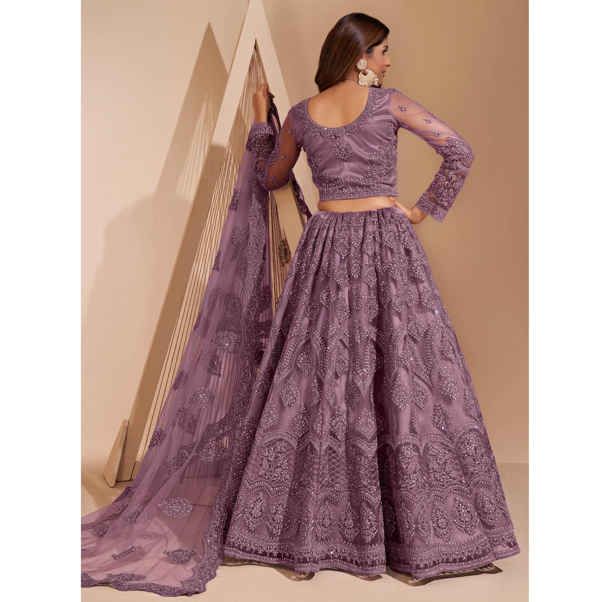 Mauve Wedding Wear Embroidered With Embellished Net Lehenga Choli - Peachmode