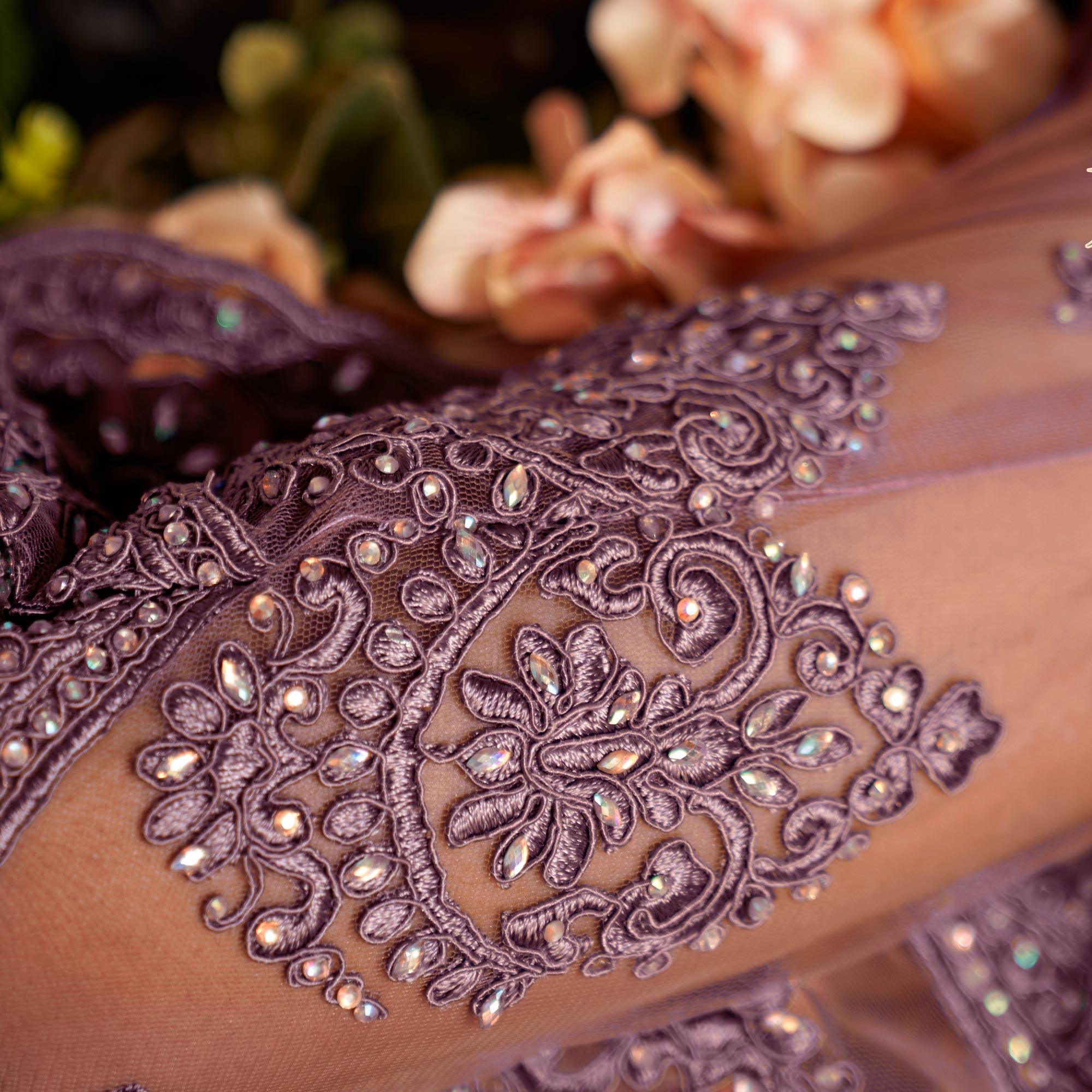 Mauve Wedding Wear Embroidered With Embellished Net Lehenga Choli - Peachmode
