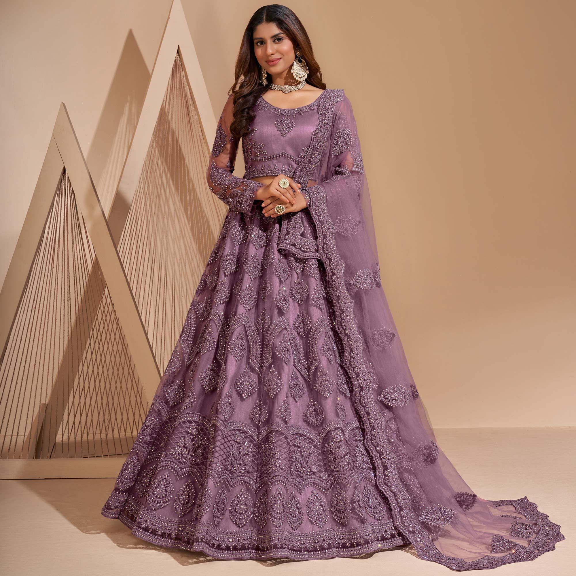 Mauve Wedding Wear Embroidered With Embellished Net Lehenga Choli - Peachmode