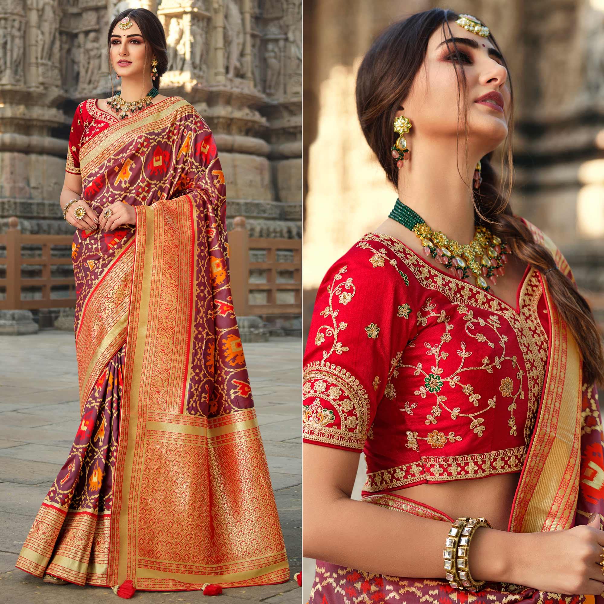 Mauve Wedding Wear Woven Silk Saree With Tassels - Peachmode
