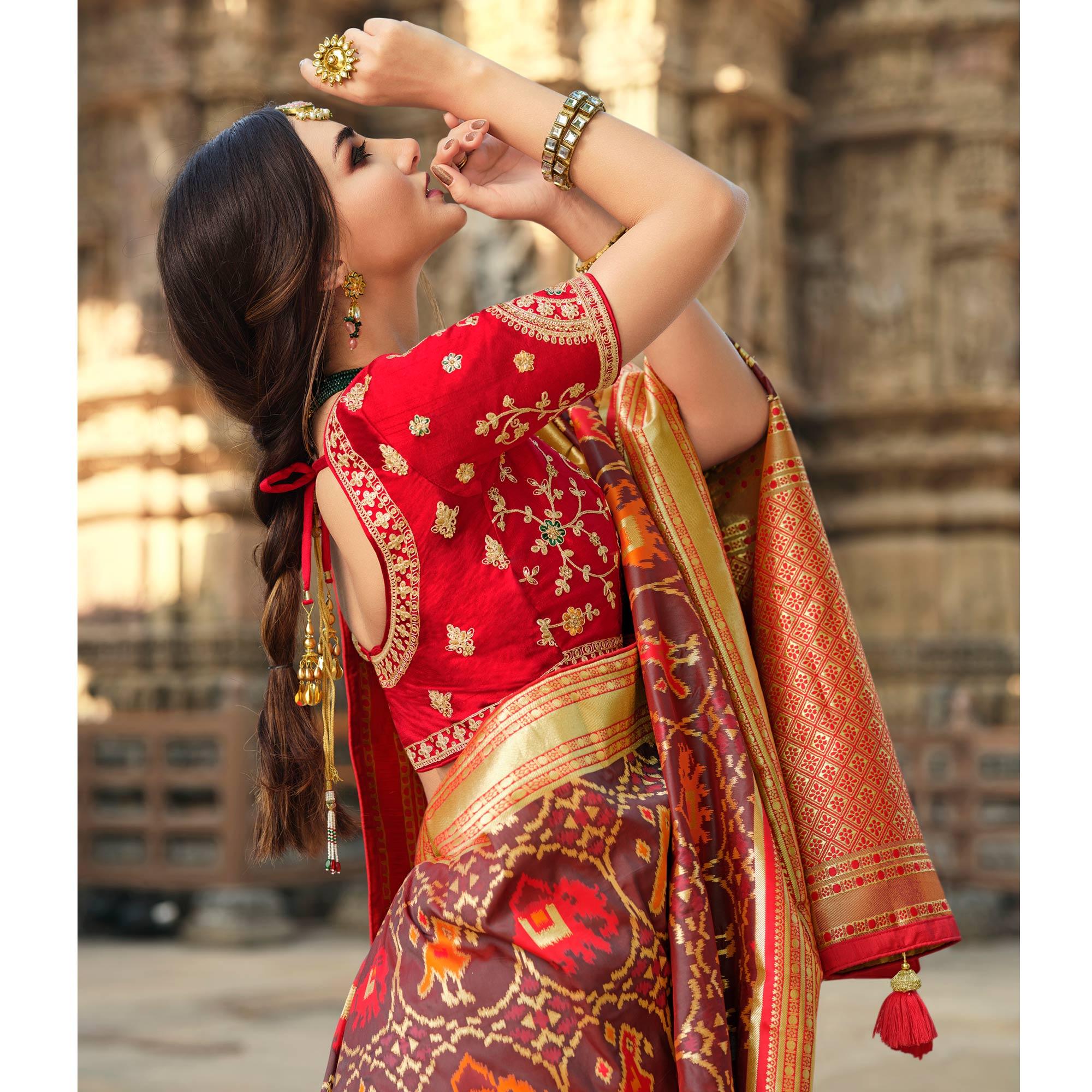 Mauve Wedding Wear Woven Silk Saree With Tassels - Peachmode