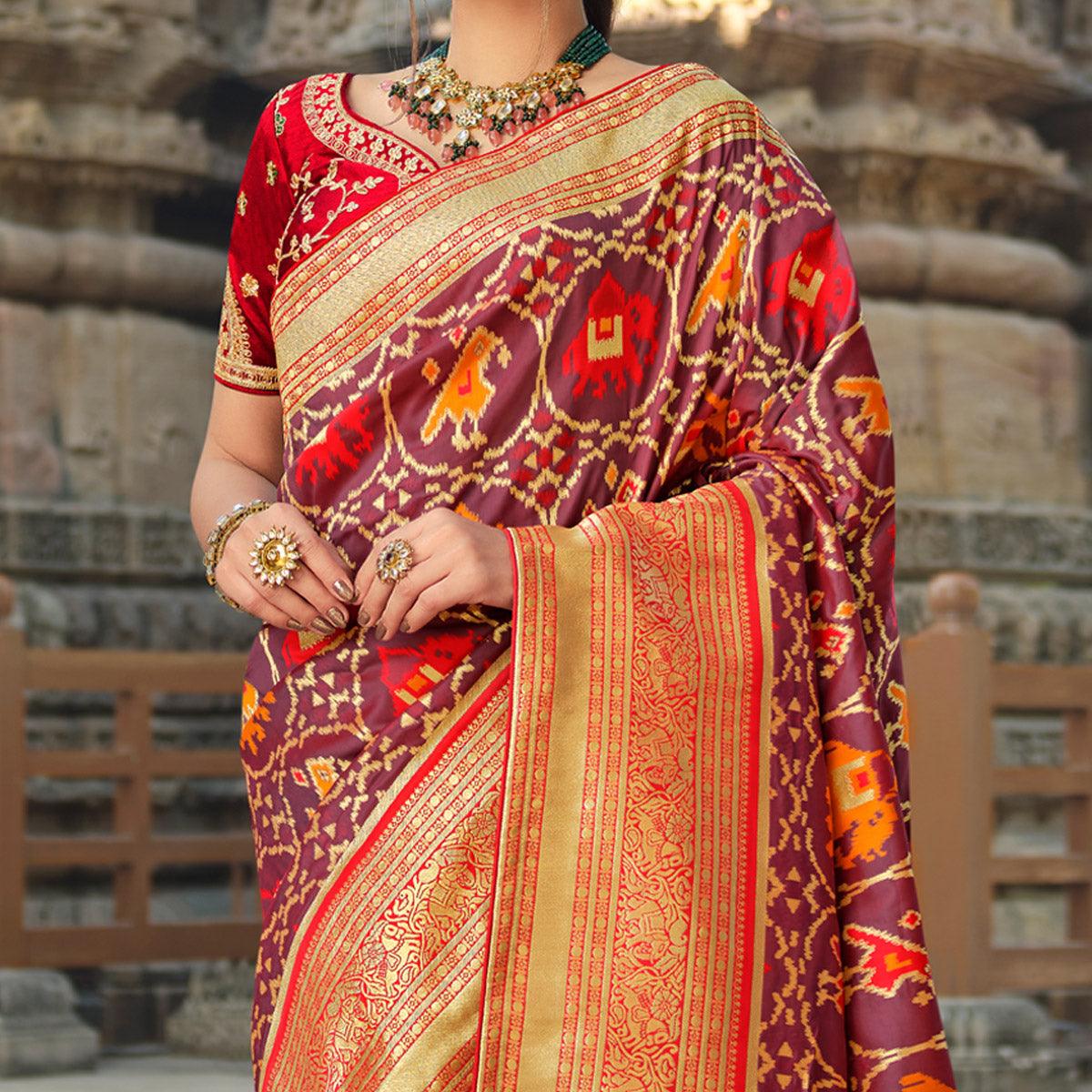 Mauve Wedding Wear Woven Silk Saree With Tassels - Peachmode
