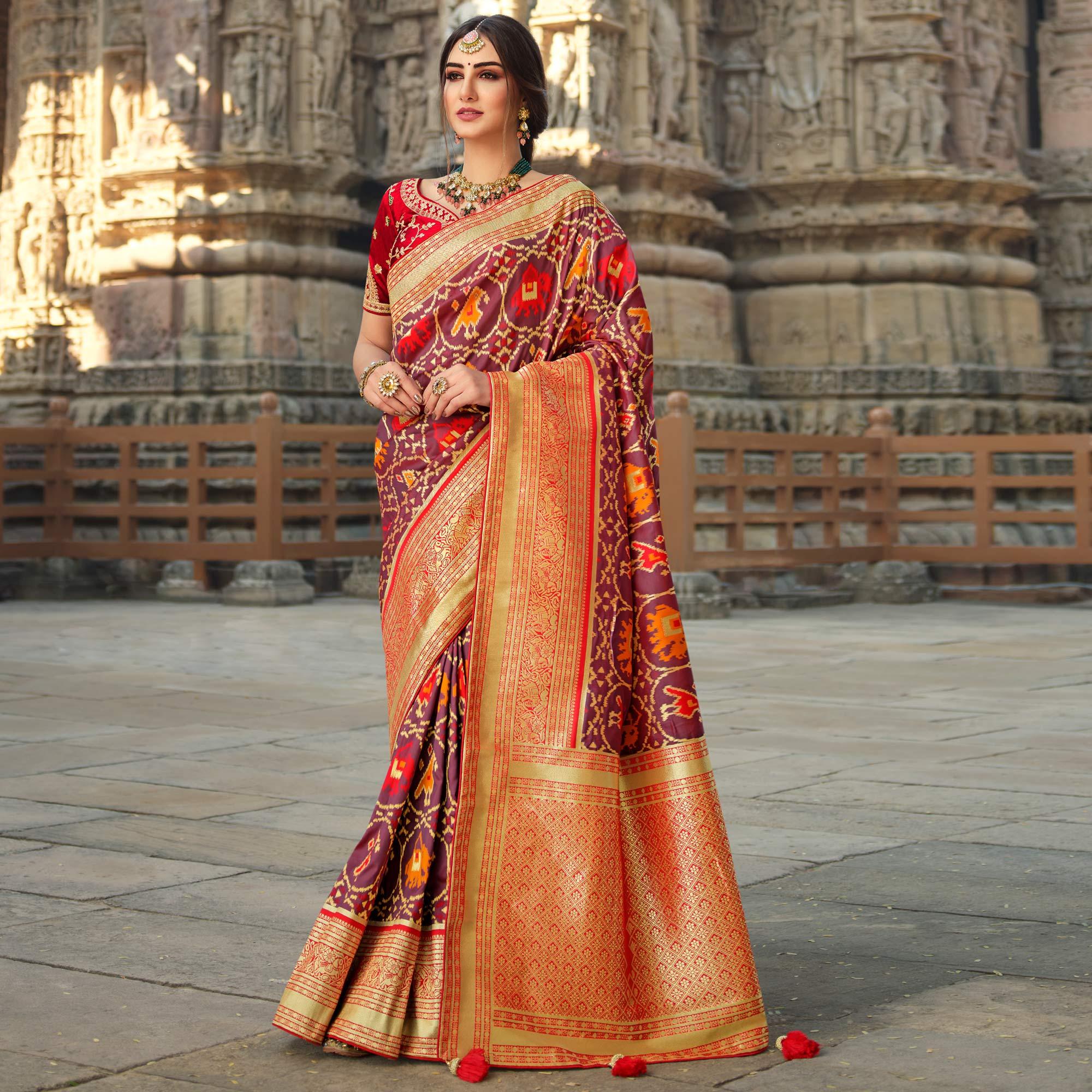 Mauve Wedding Wear Woven Silk Saree With Tassels - Peachmode