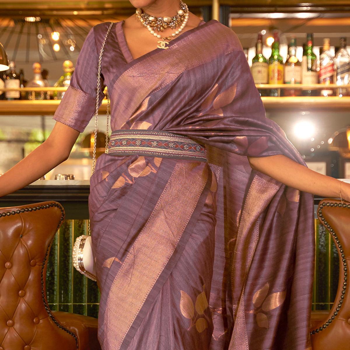 Mauve Woven Art Silk Saree With Tassels - Peachmode