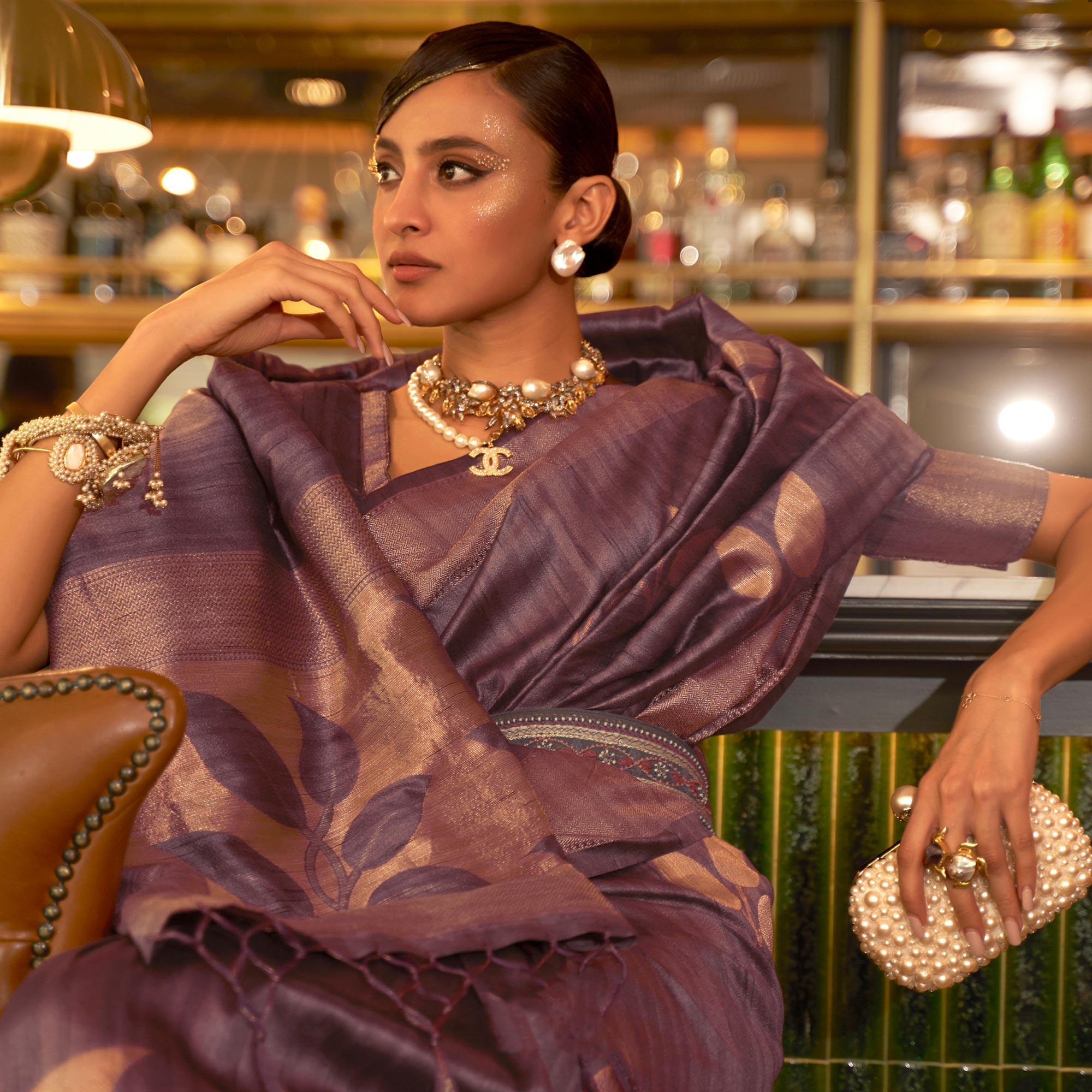 Mauve Woven Art Silk Saree With Tassels - Peachmode