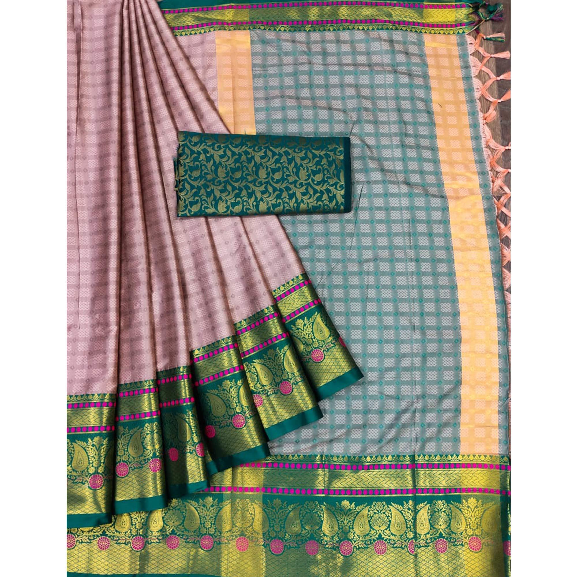 Mauve Woven Cotton Silk Saree With Tassels - Peachmode