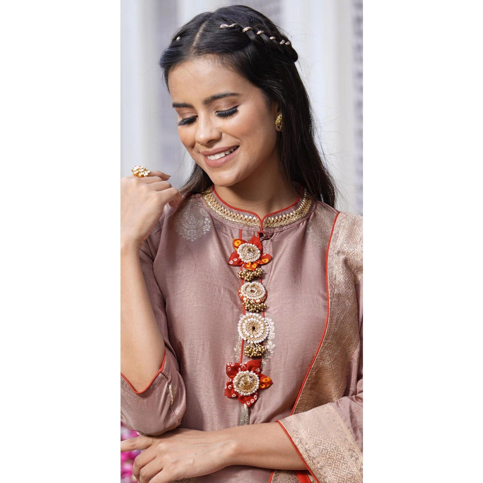 Mauve Woven Dola Silk Kurti Pant Set With Dupatta - Peachmode