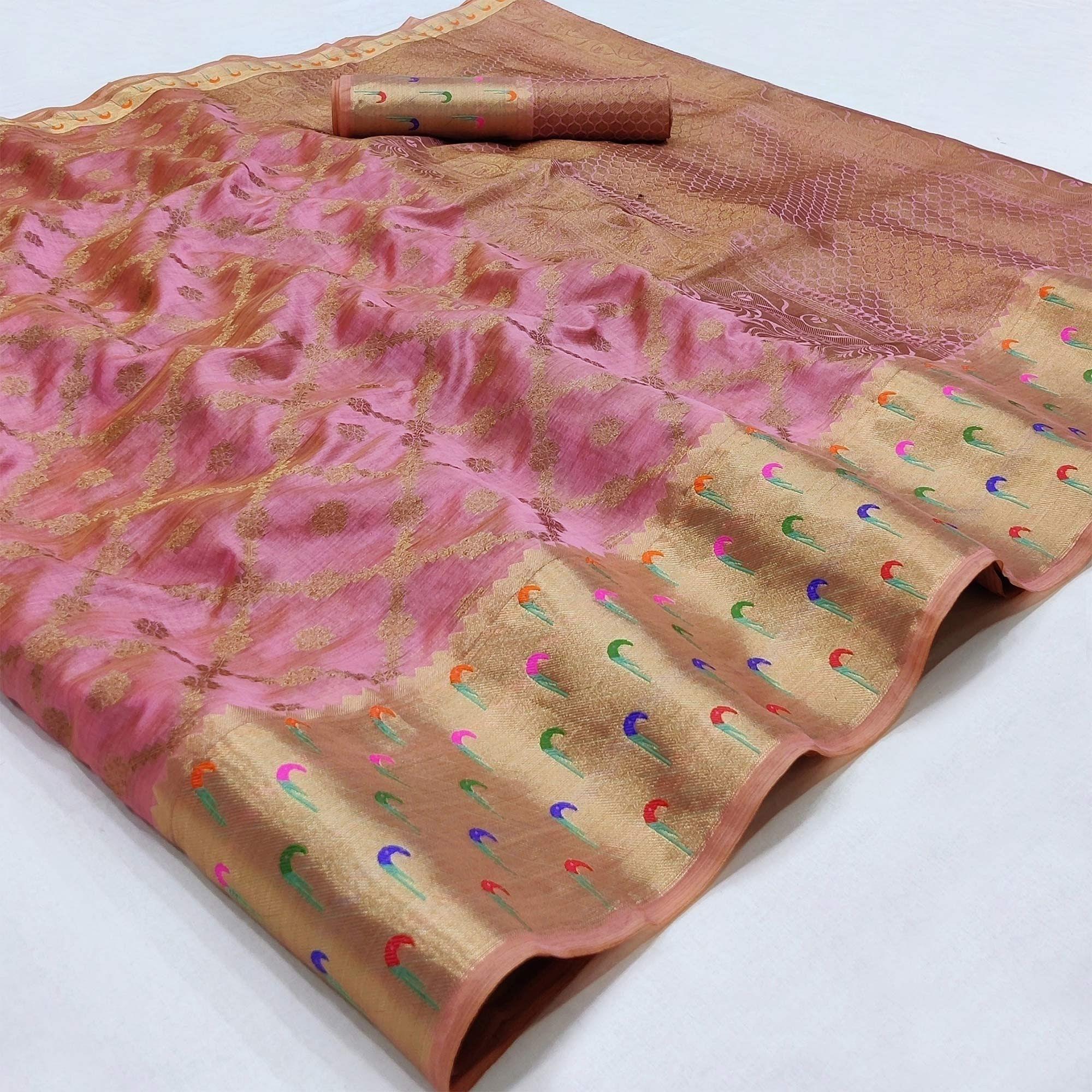 Mauve Woven Organza Saree - Peachmode