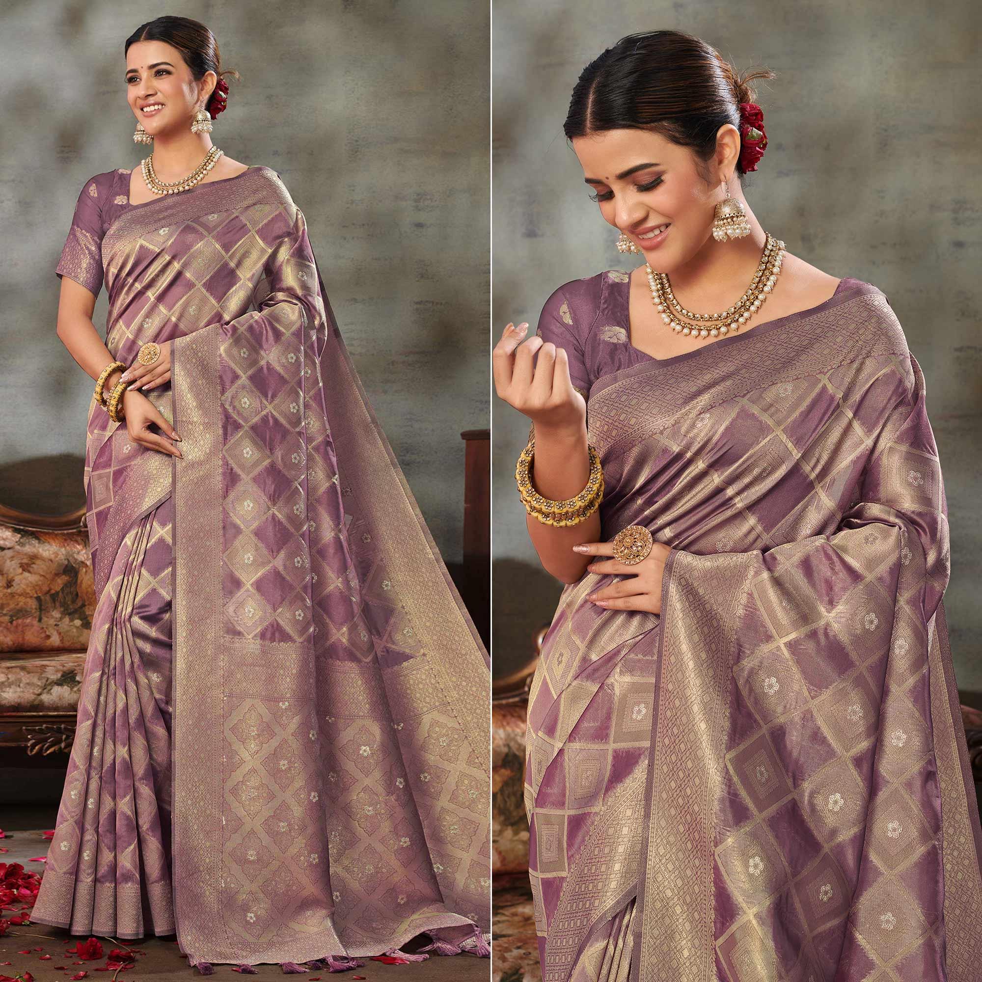 Mauve Woven Organza Saree With Tassels - Peachmode