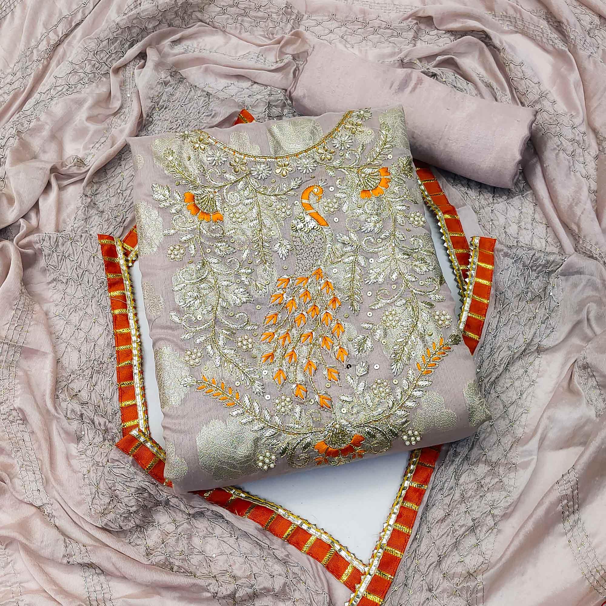 Mauve Woven With Embellished Jacquard Dress Material - Peachmode