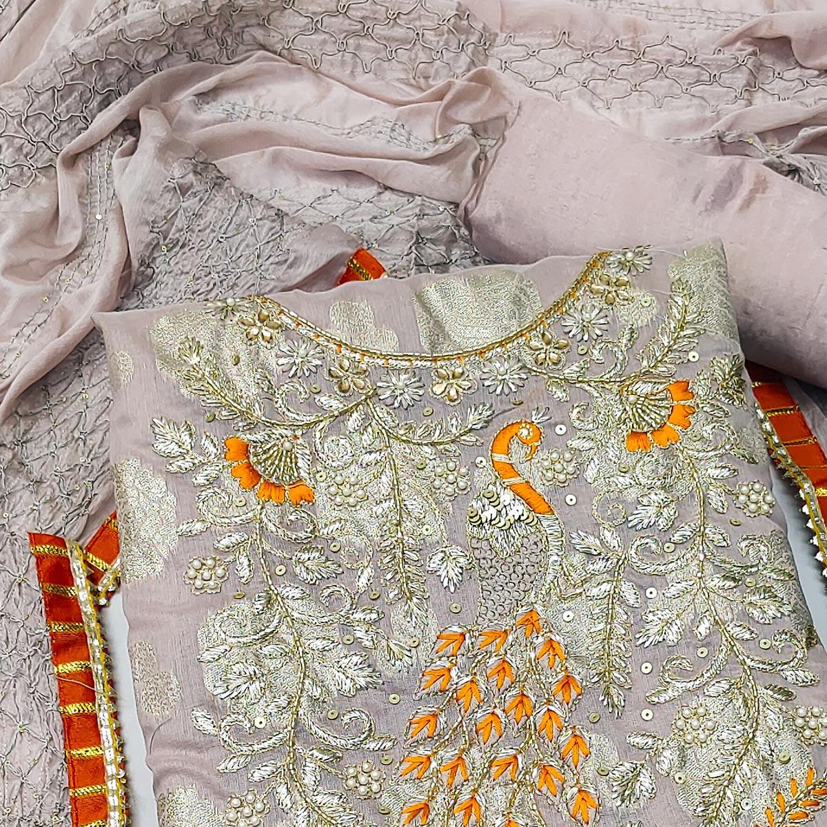 Mauve Woven With Embellished Jacquard Dress Material - Peachmode