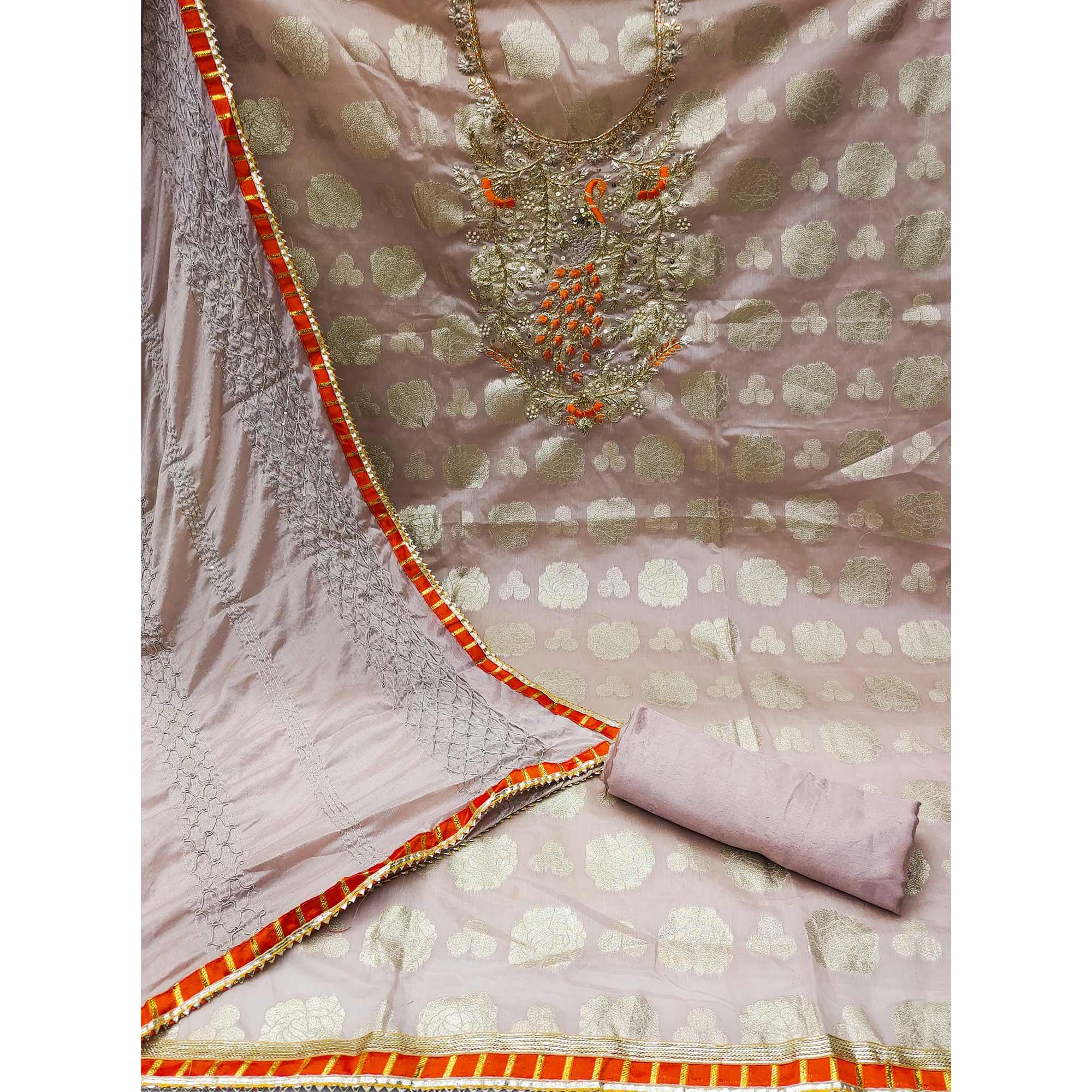 Mauve Woven With Embellished Jacquard Dress Material - Peachmode