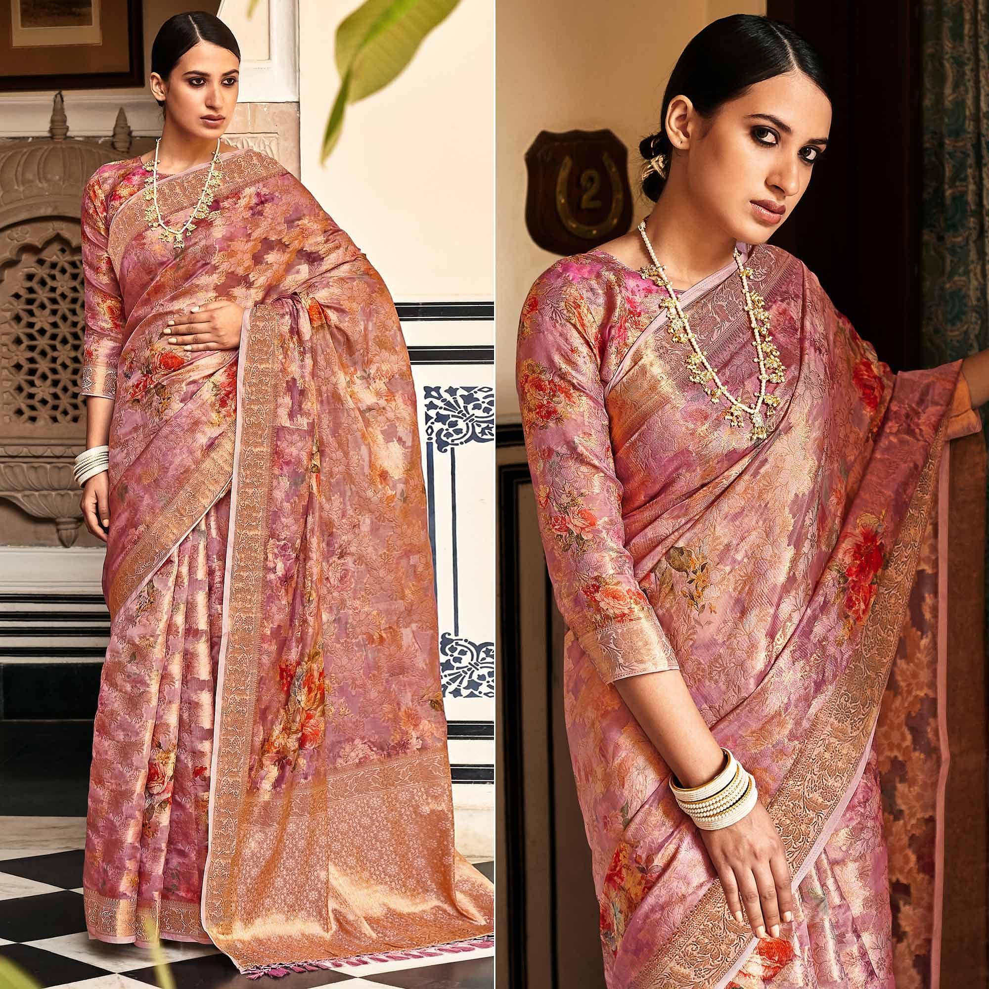 Mauve Woven With Printed Cotton Silk Saree With Tassels - Peachmode