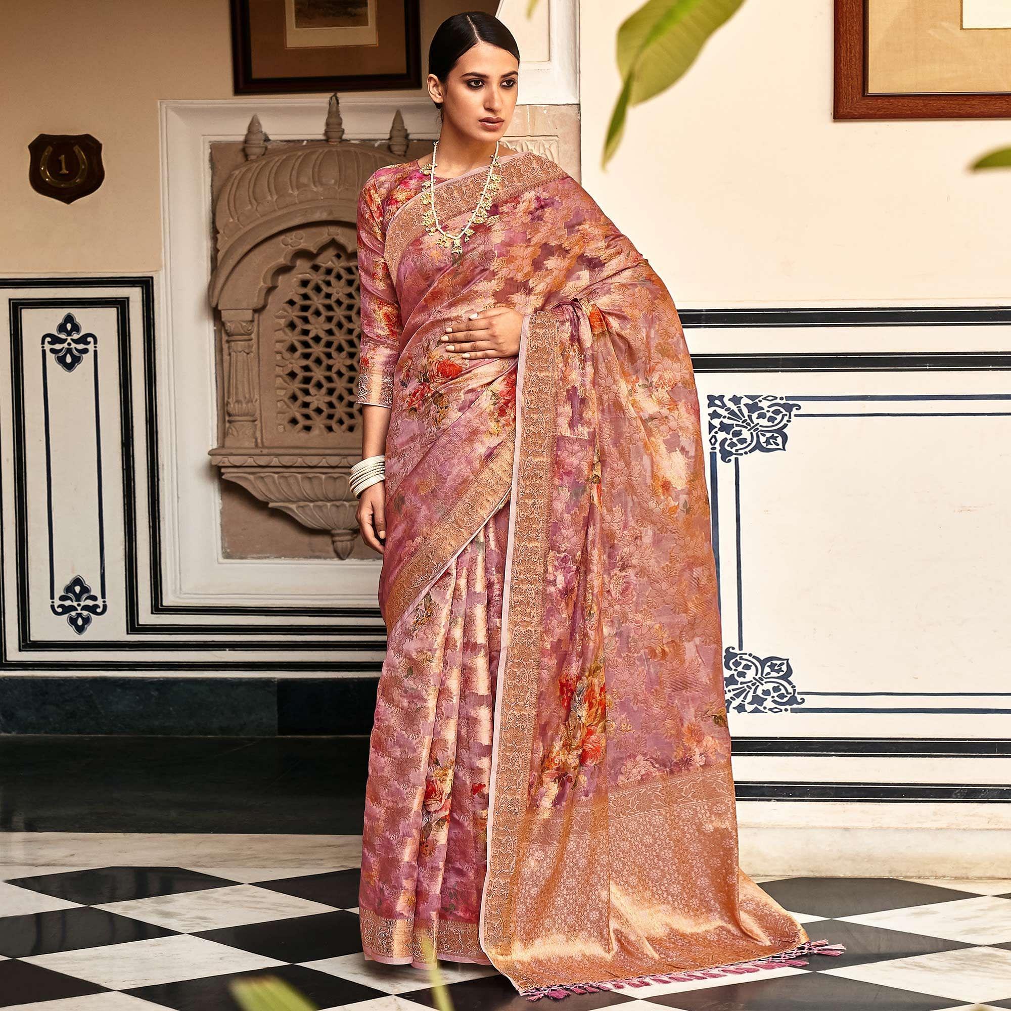 Mauve Woven With Printed Cotton Silk Saree With Tassels - Peachmode