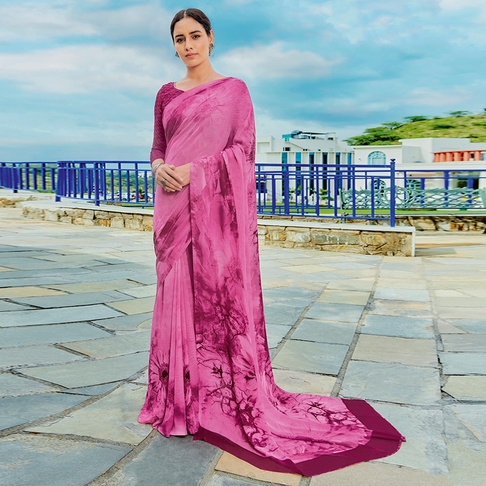 Megenta Printed Georgette Saree - Peachmode