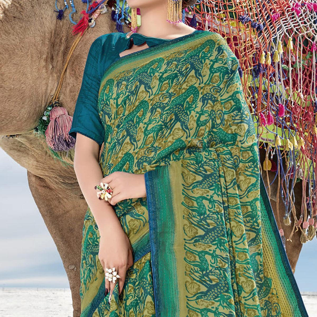 Mehandi Casual Wear Printed Cotton Silk Saree - Peachmode