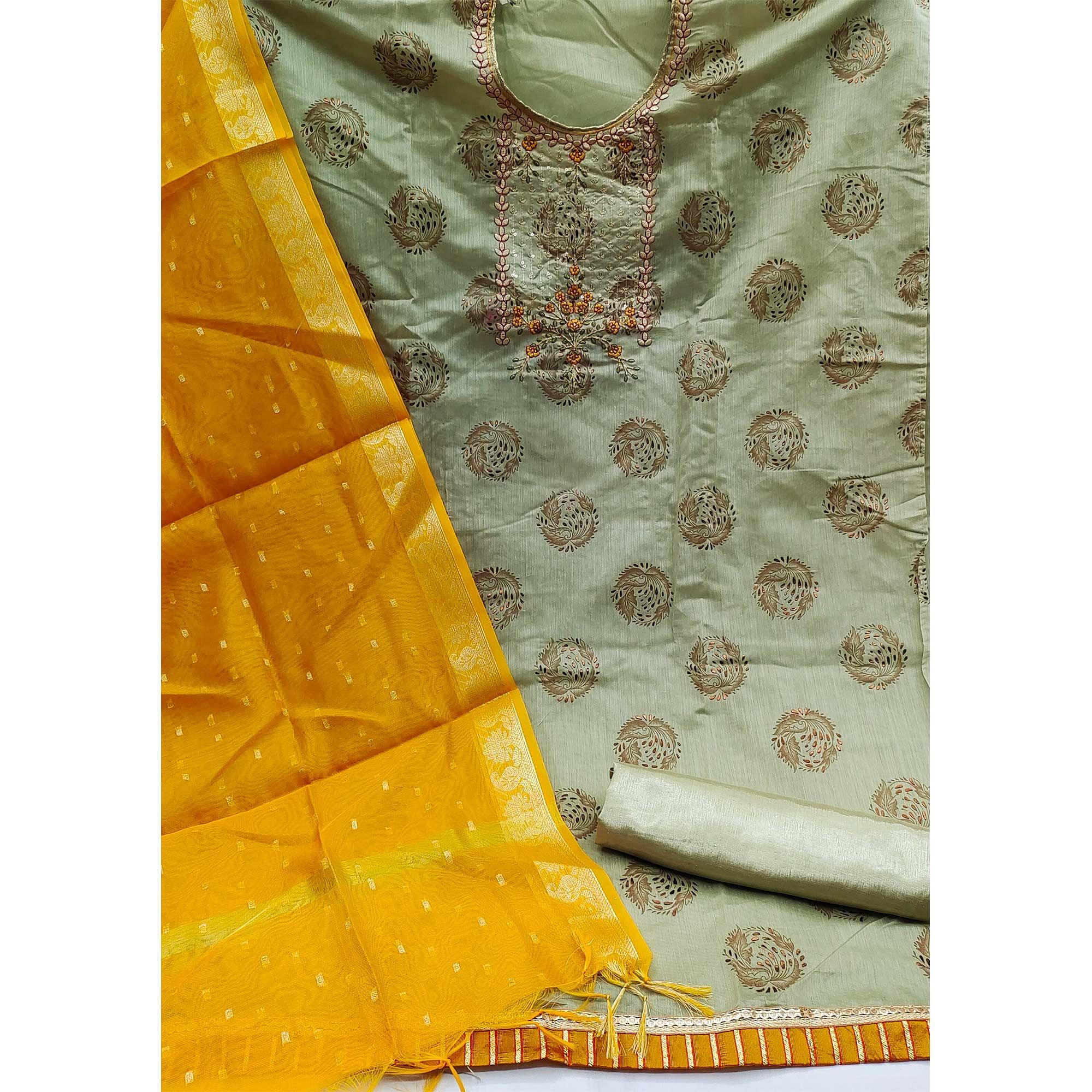 Mehandi Festive Wear Sequence Embroidered Fancy Dress Material - Peachmode
