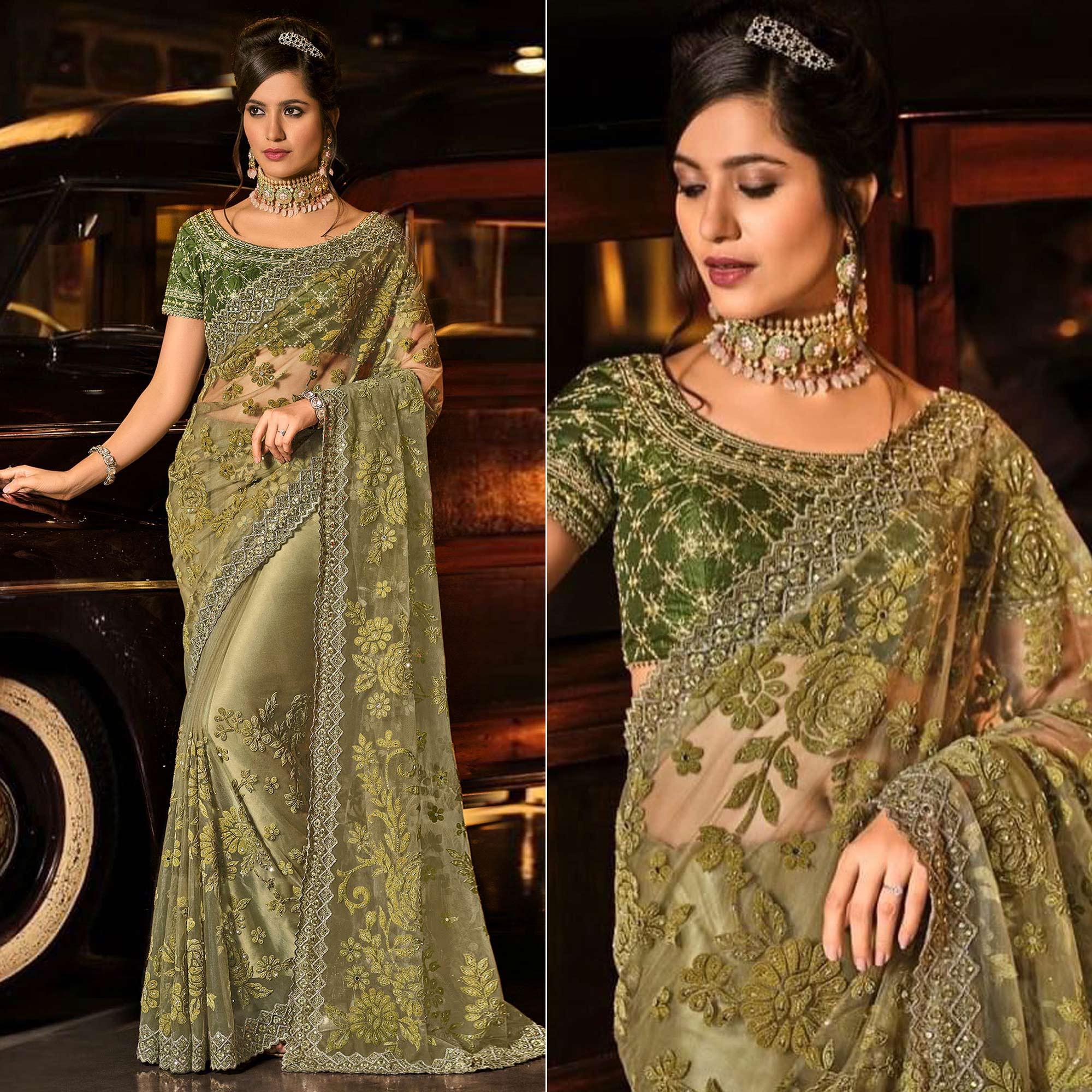 Mehandi Green Partywear Embroidered Mirror Work Net Saree - Peachmode