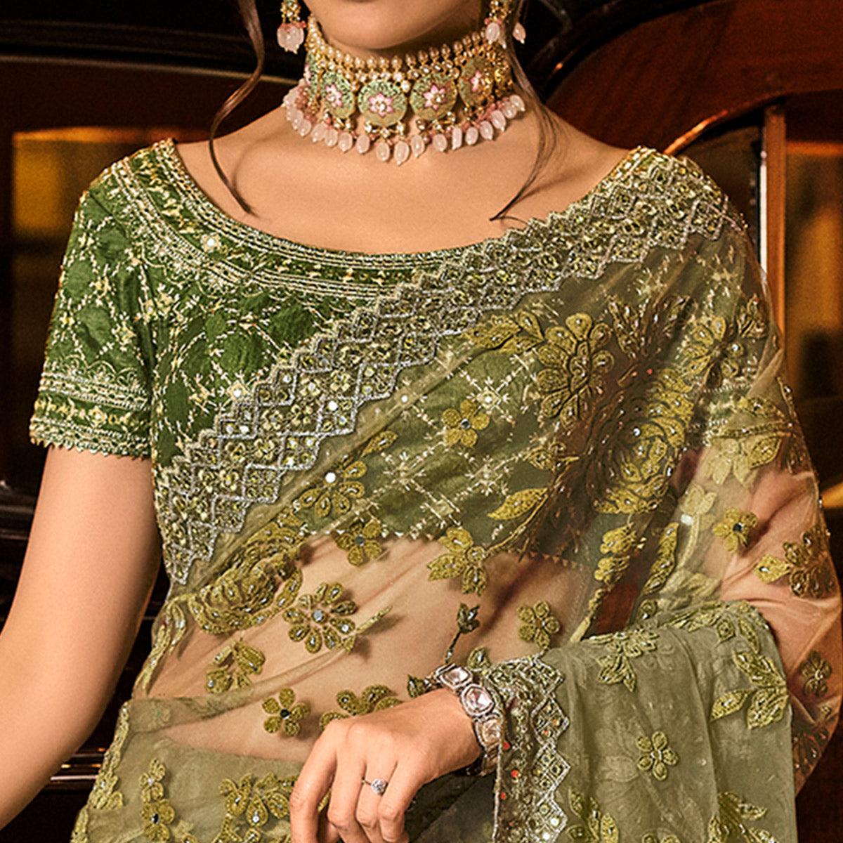 Mehandi Green Partywear Embroidered Mirror Work Net Saree - Peachmode
