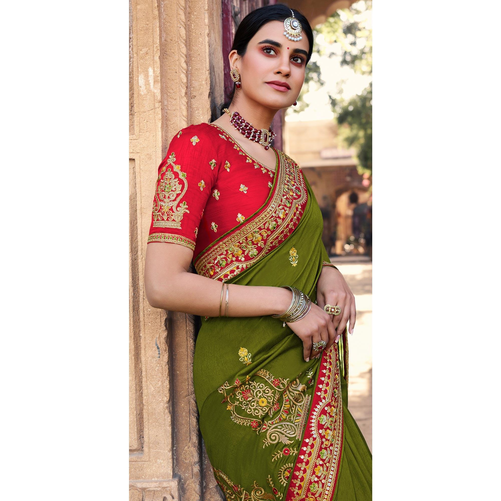 Mehandi Green Partywear Embroidered Silk Saree - Peachmode
