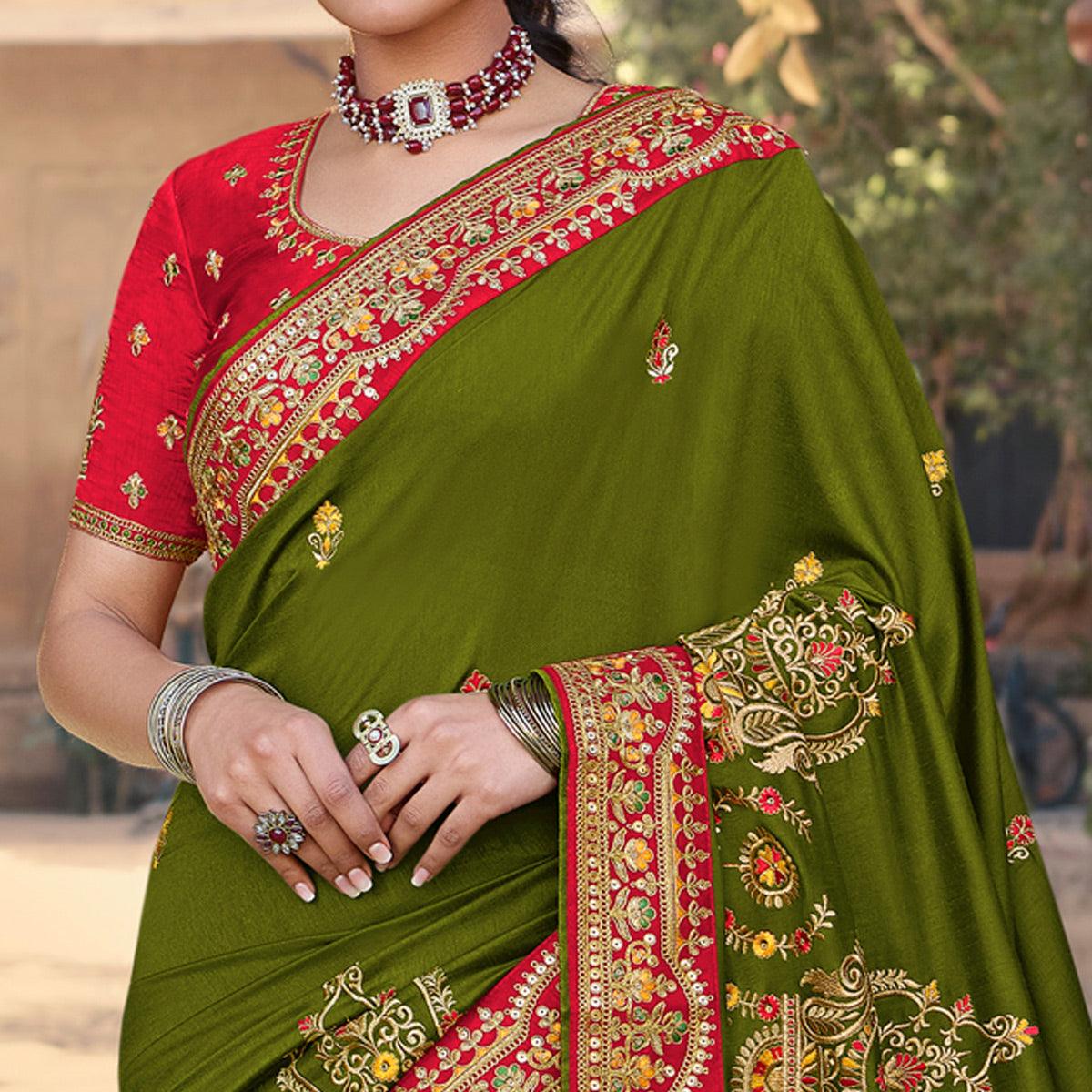 Mehandi Green Partywear Embroidered Silk Saree - Peachmode