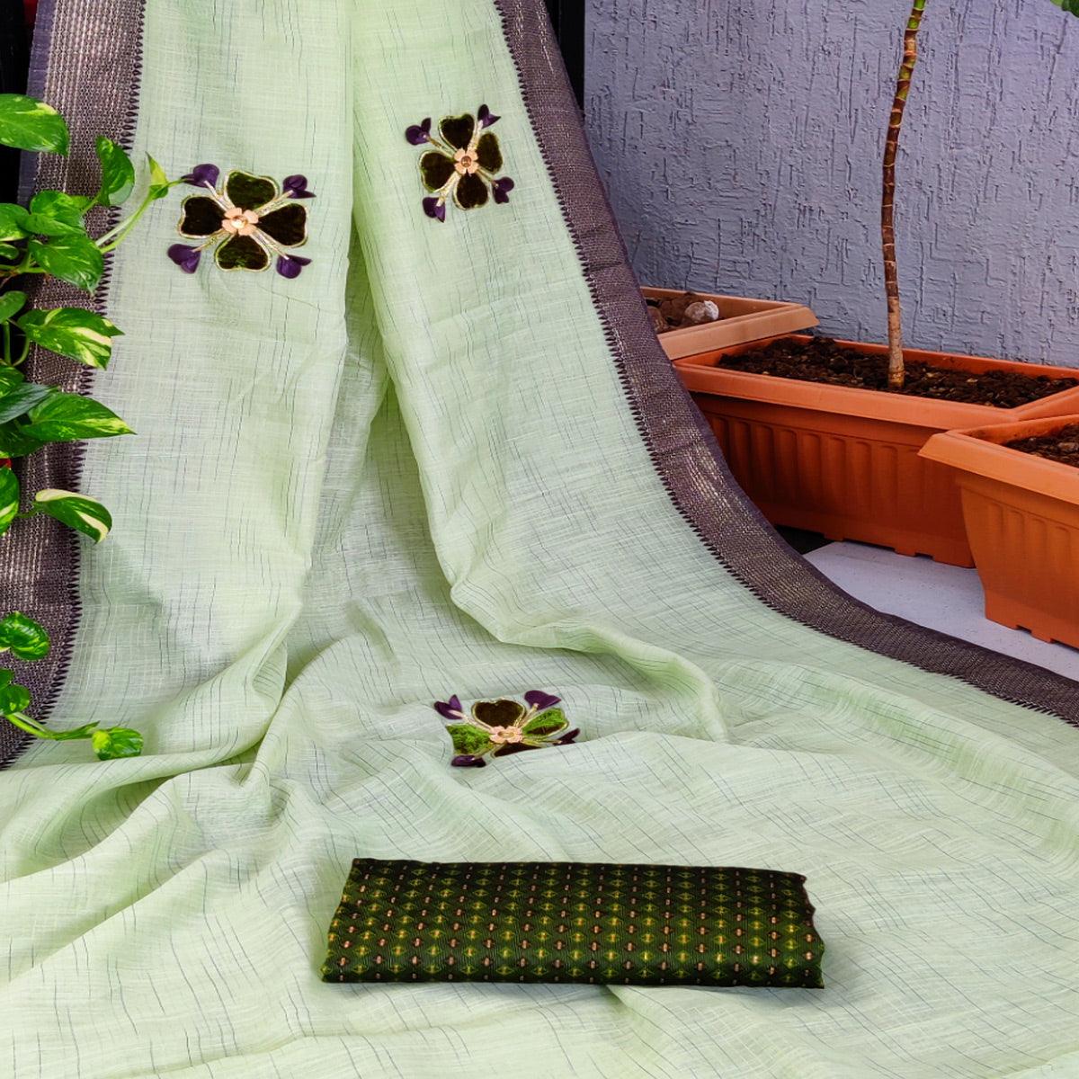 Mehdi Green Festive Wear Floral Embroiderey Woven Border Cotton Saree - Peachmode