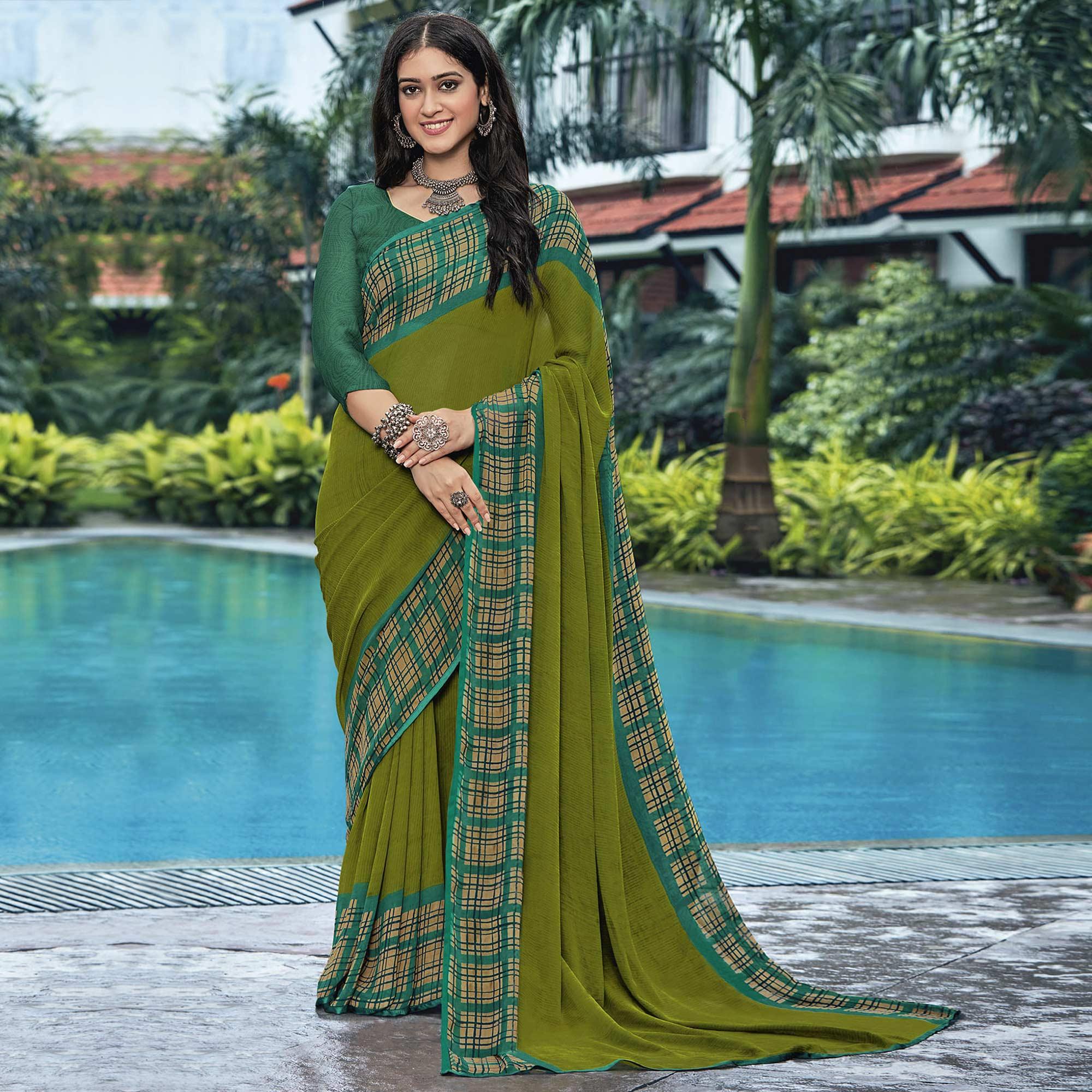 Mehendi & Blue Casual Wear Checks Printed Georgette Saree - Peachmode