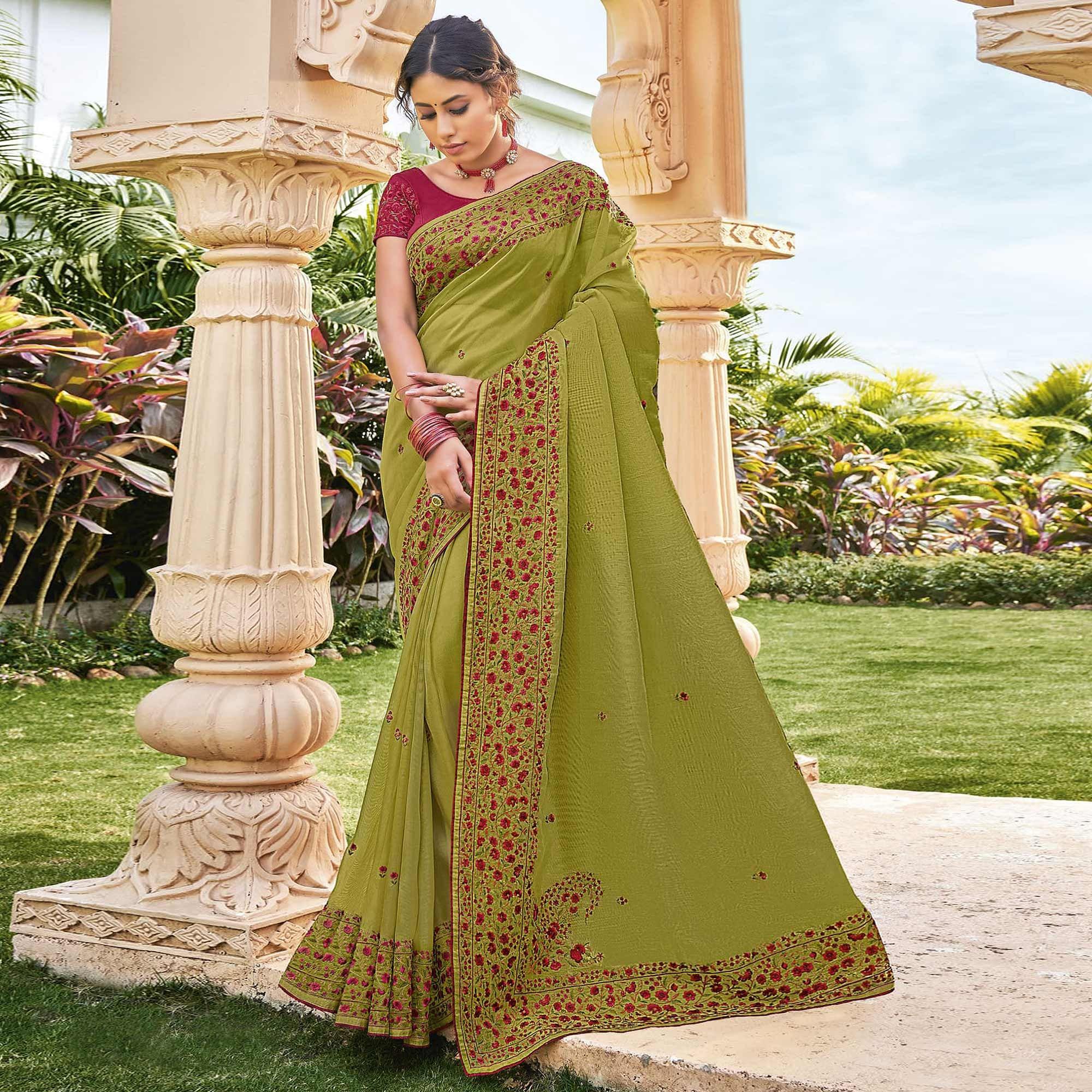 Mehendi Embroidered Georgette Saree - Peachmode
