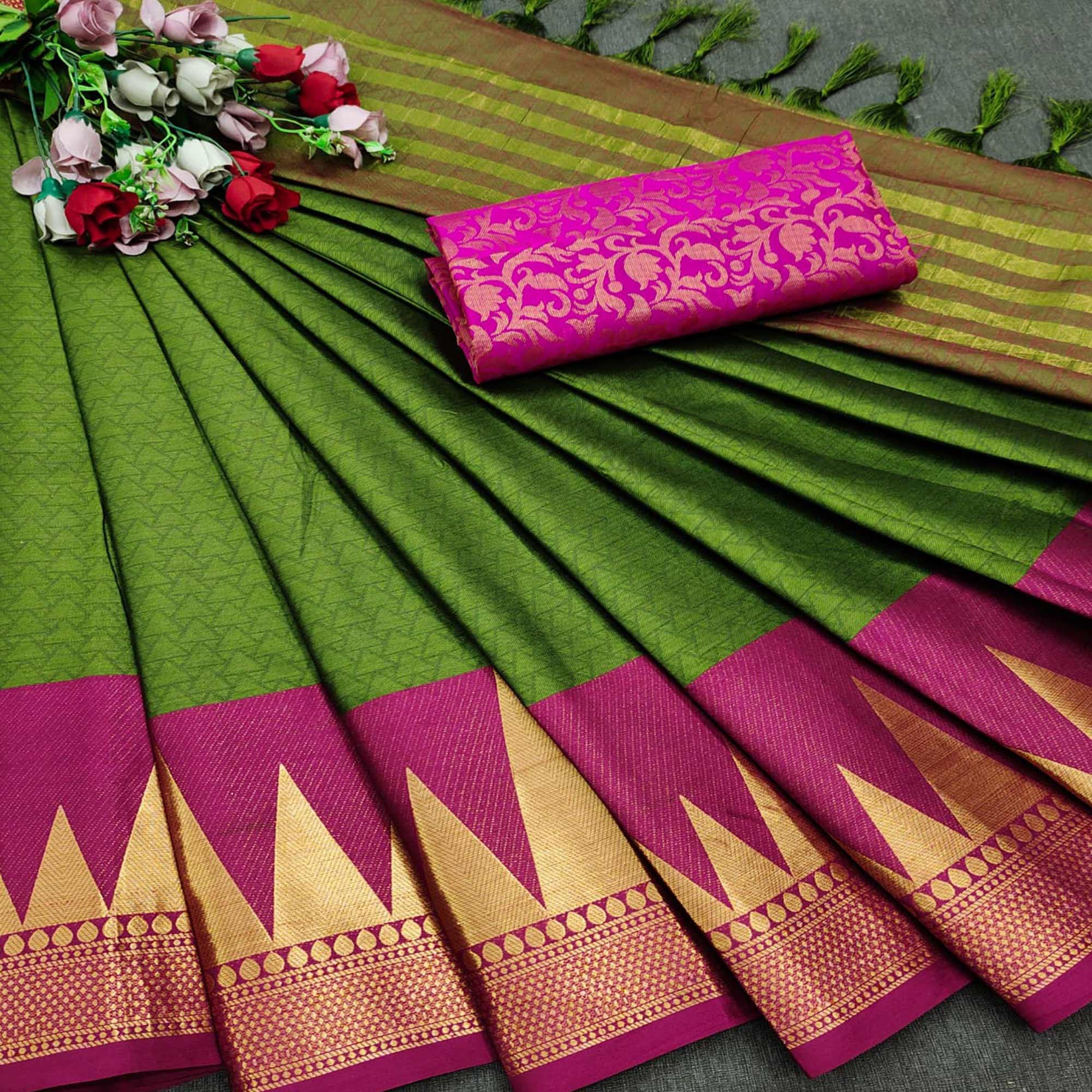 Mehendi Festive Wear Jacquard Woven Border Heavy Cotton Silk Saree - Peachmode